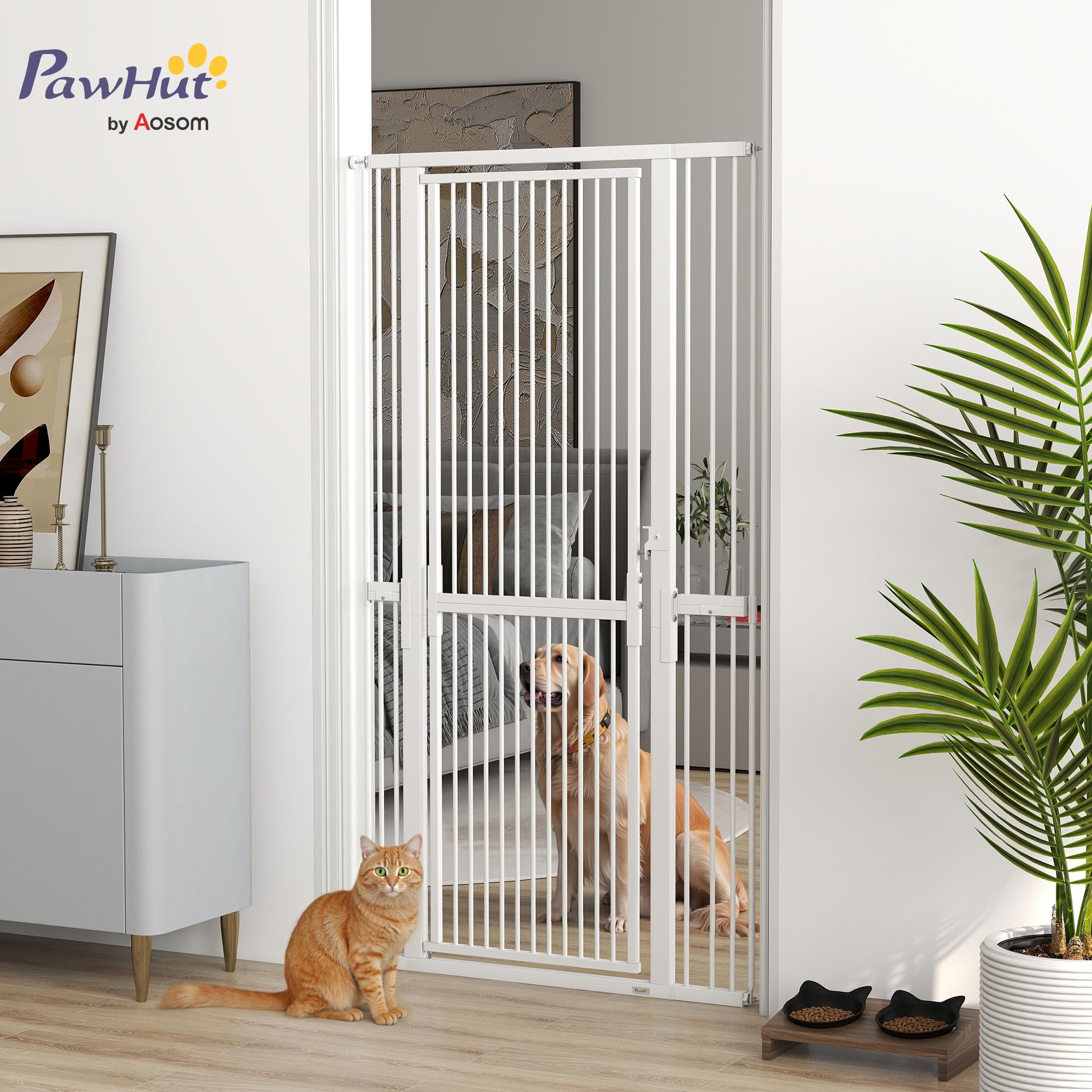 PawHut Barrera de Seguridad para Perros y Gatos Extra Alta 180 cm, Barrera para Perros Extensible 77-104 cm, Separación 3,5 cm, para Puertas y Escaleras, con Montaje a Presión, 2 Extensiones, Blanco