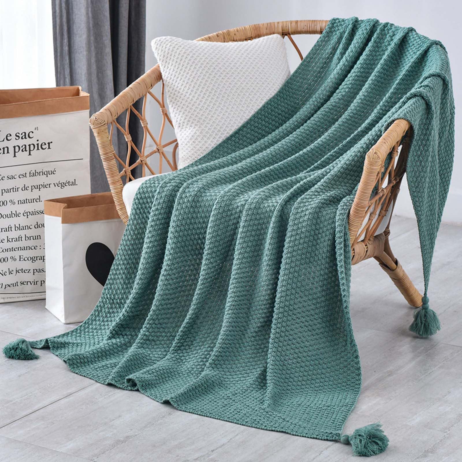 Coperta in maglia a nido d'ape, sciarpa da letto in acrilico, da viaggio, morbida maglia per tutto l'anno, 130 x 230 cm, con nappe decorative con pompon, 8 tonalità di terra solida per