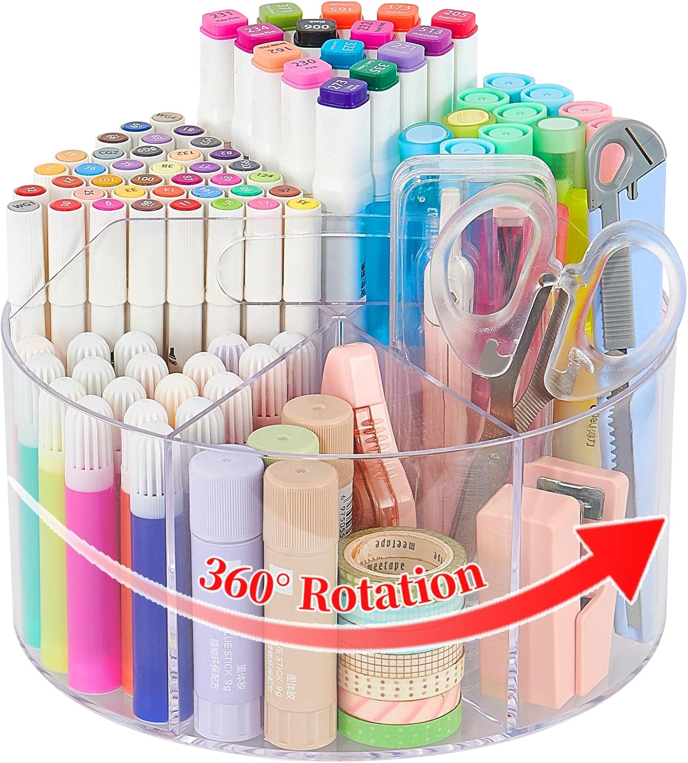 AUPSEN Acrylic Pen Holder for Desk, Large 360-Degree Clear Rotate Pen Organizer with 6 Compartments, Crayon Organizers for Kids Marker Caddy, Art Supply Kids Desk Organizer for Office Home School
