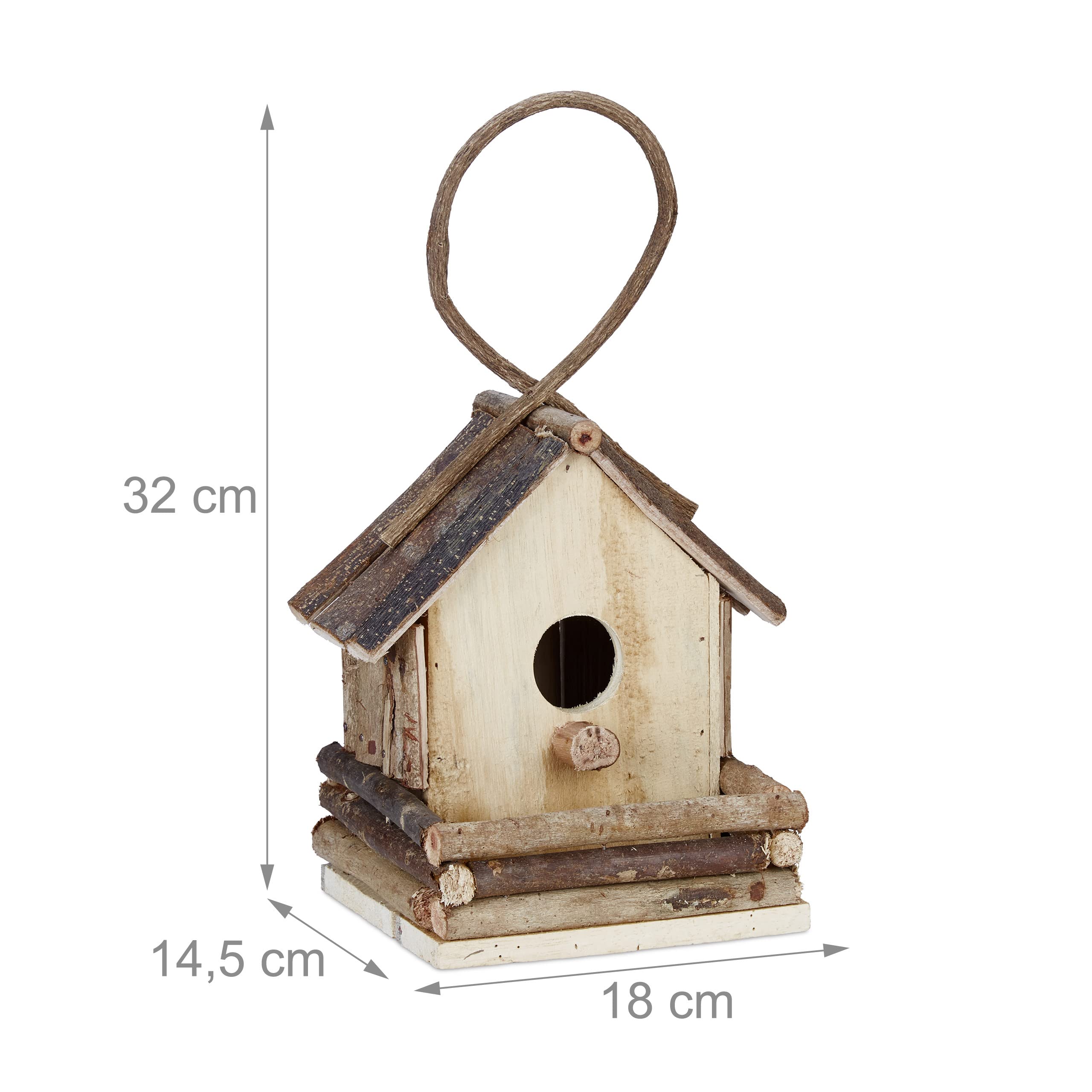 Reladays Casetta per Uccelli, da Appendere, Legno Non Trattato, Balcone, Giardino, HLP 32x18x14,5 cm, Naturale