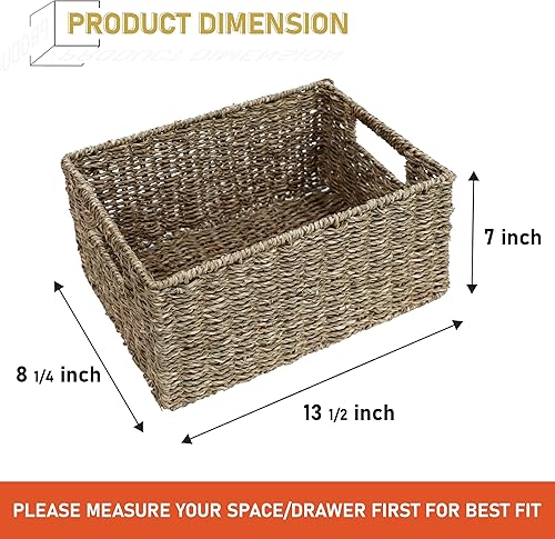 Miniatura 2 de HOMESTEAD Paquete de 2 cestas rectangulares de almacenamiento de hierba marina con asas integradas, cestas de mimbre tejidas a mano para despensa,