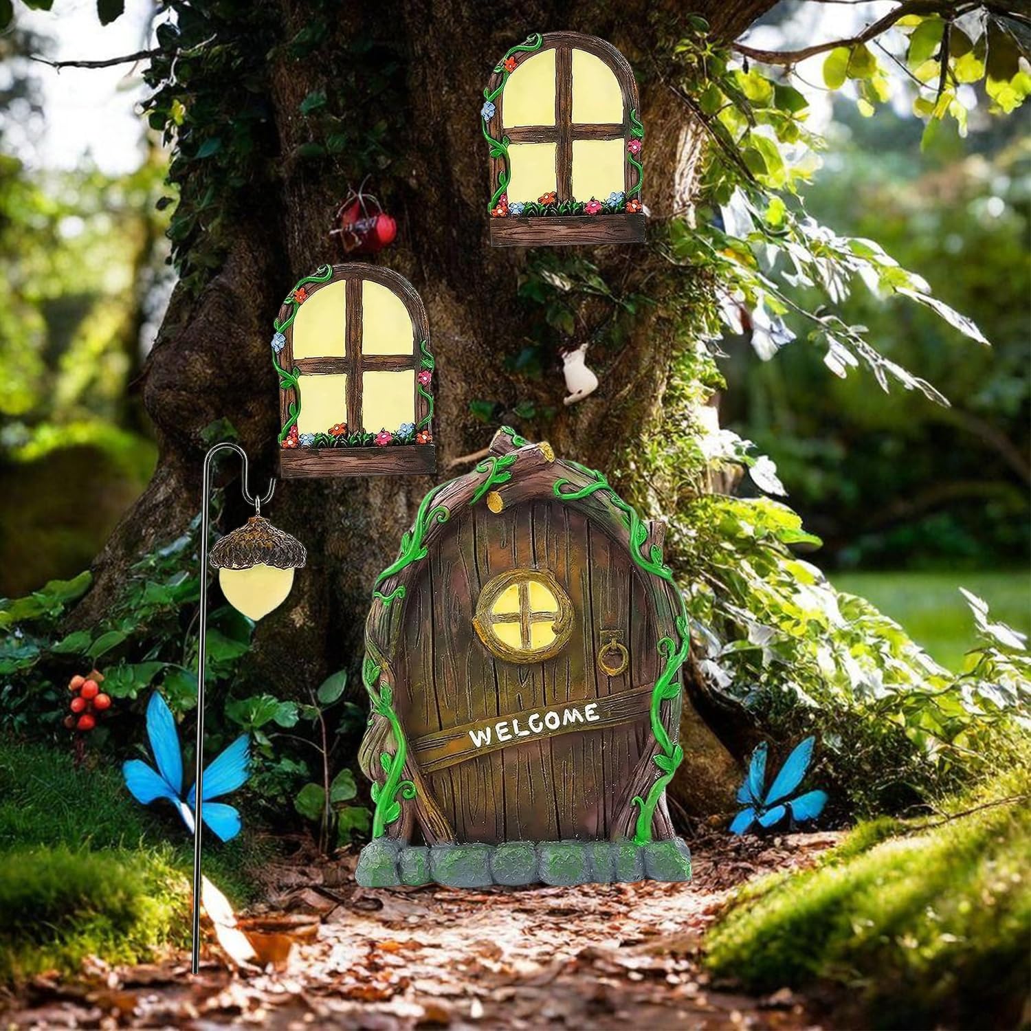 4 Pack Fairy Doors for Garden Trees Door, Fairy Houses for the Garden, for Tree, Fairies Windows Gnomes Decor with Two Glow Windows, Fairys Gardens Ornaments Outdoor Decor for Potted Decoration