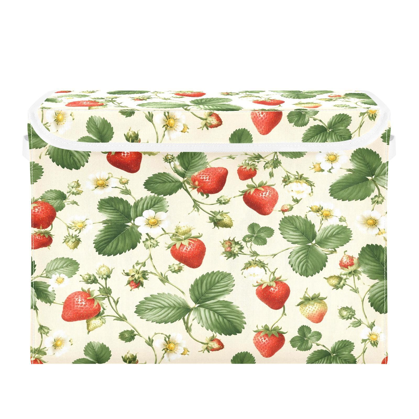 Ewusp Strawberry Fabric Storage Bin with Lid, Decorative Foldable Storage Basket with Handles, Stackable Closet Shelf Organiser Box for Clothes, Books, Bedroom, Living Room