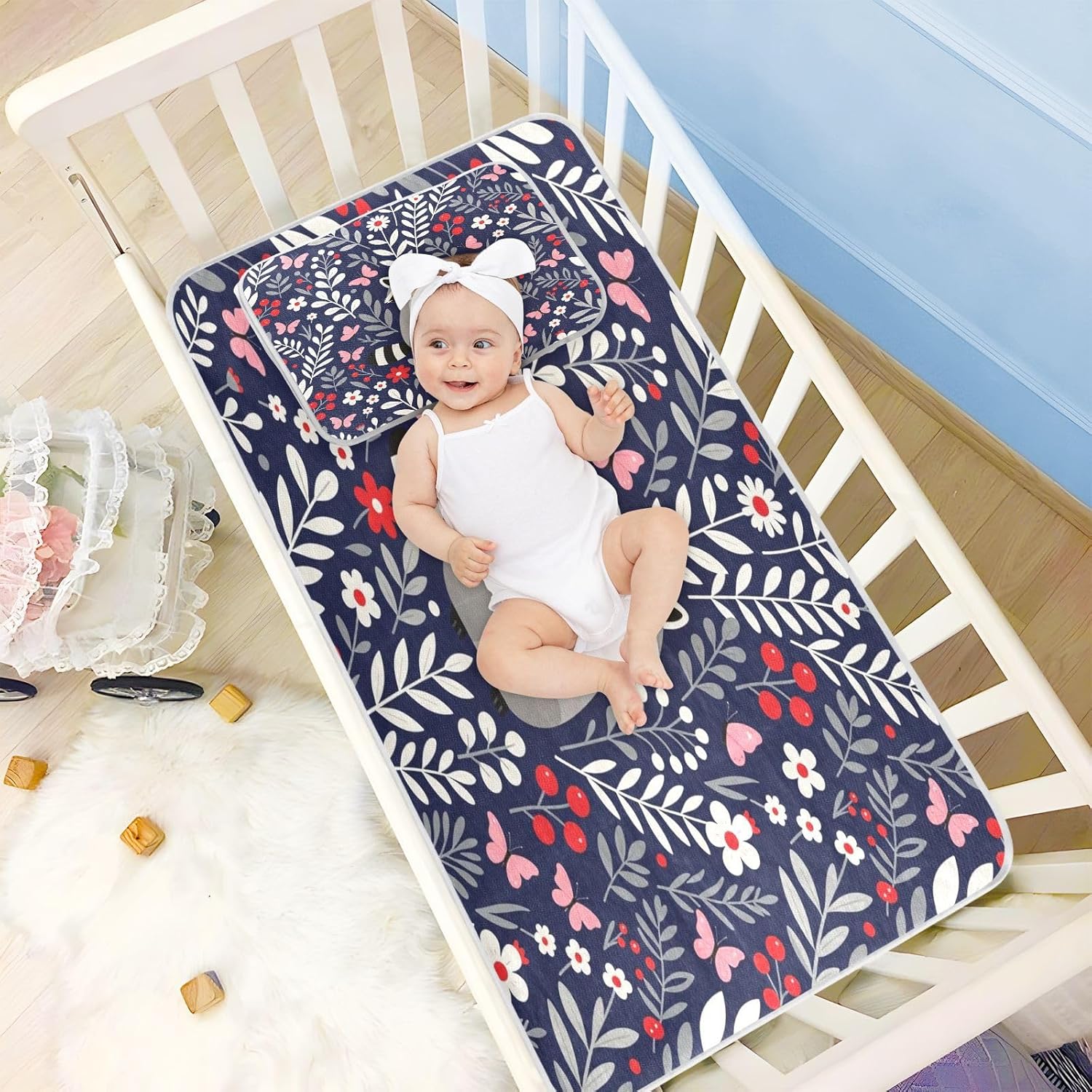 Cooling Baby Toddler Mattress 28" x 52" Reusable Cute Raccoon Flowers Blue Pads for Bed Washable for Kids, Adult