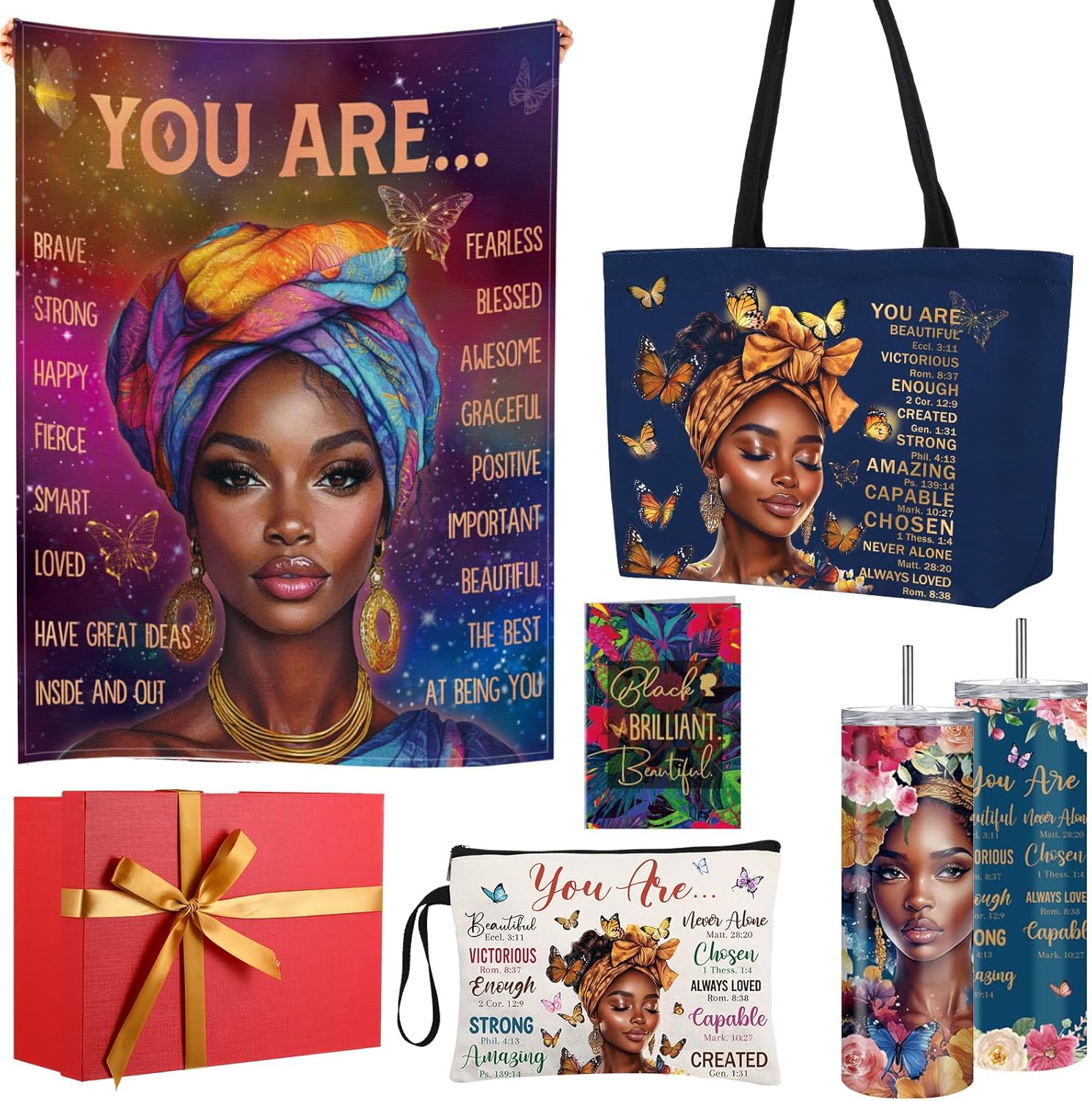Geiserailie African American Gifts for Women Afro Black Girl Blanket, Tote Bag, Gift Box and More for Black Mom Friends Lady Valentine's Day Holiday Party Present(Purple Butterfly)