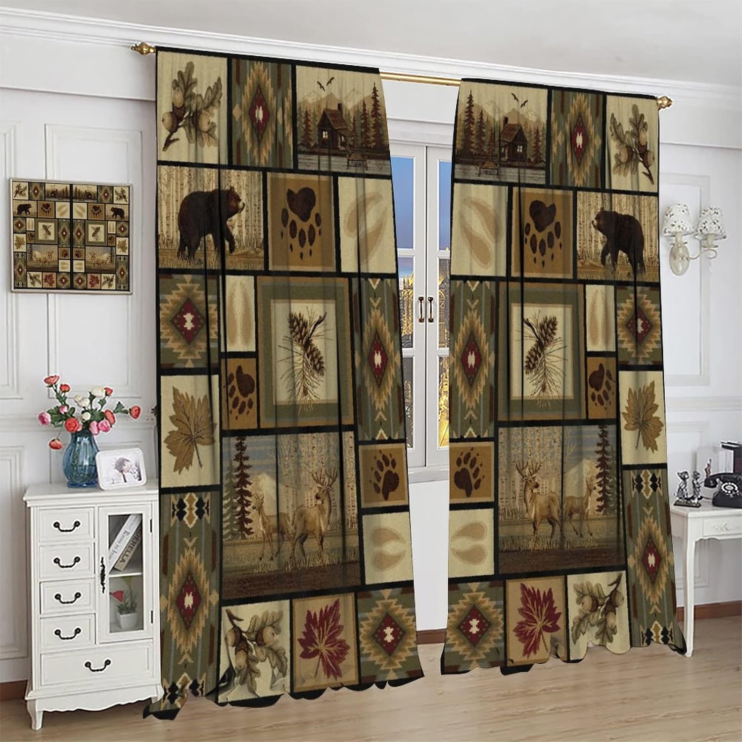 Vintage Country Lodge Kitchen Curtains,Rustic Bear Deer Plaid Splicing Room Darkening Door Window Rod Pocket Curtain for Living Room Bedroom Decor W42xL45in
