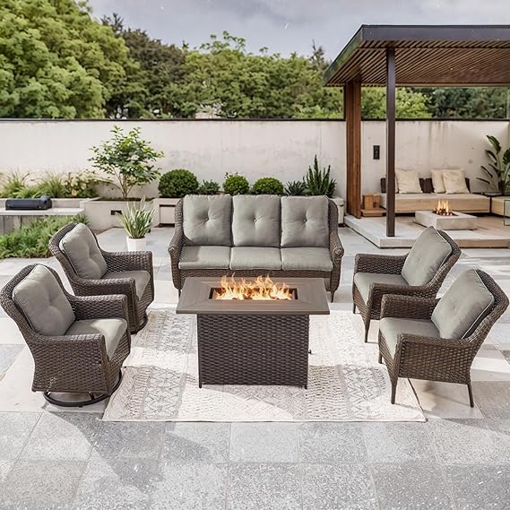 Bellefurn Patio Resin Wicker Furniture Set with Fire Pit