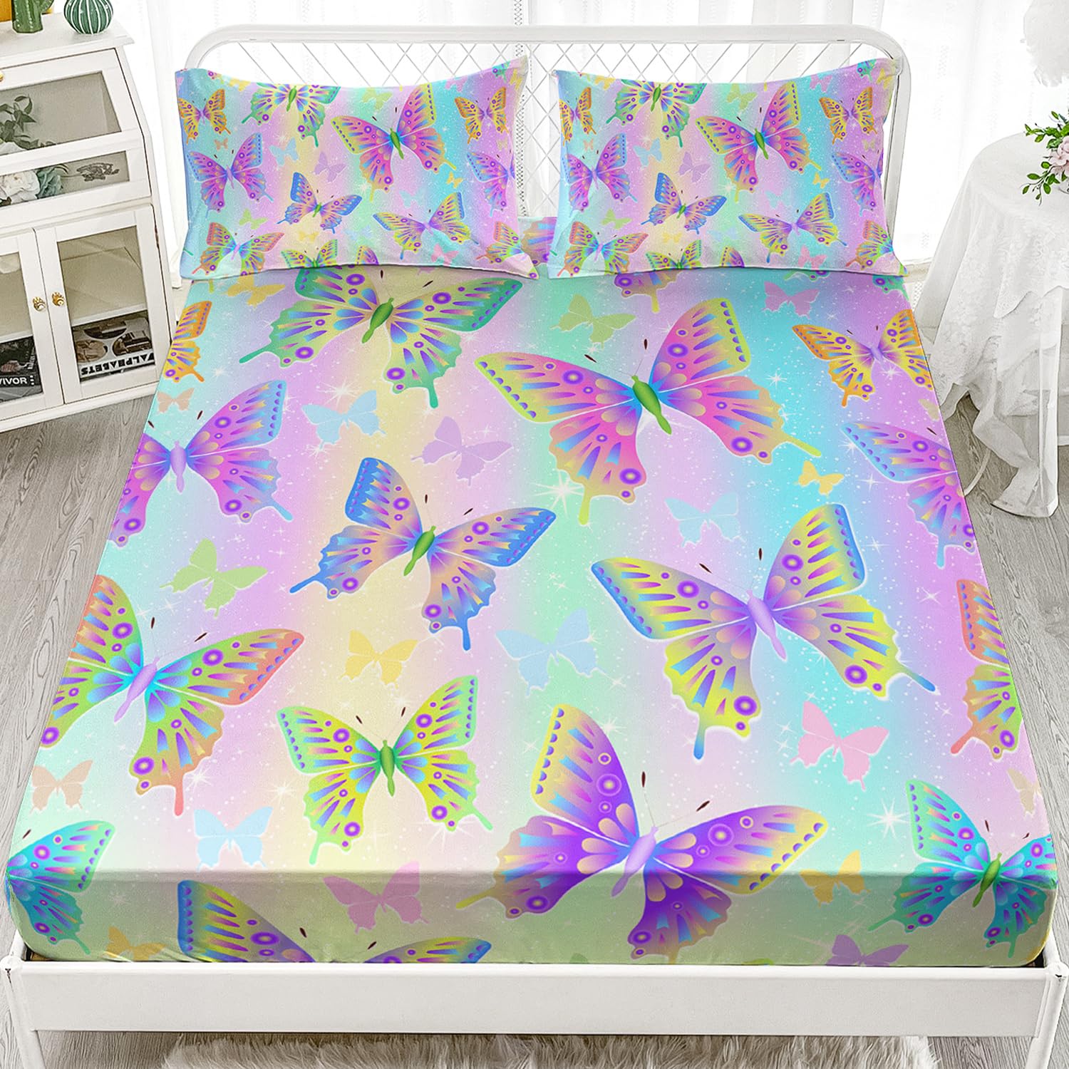 AILONEN Colorful Butterfly Fitted Sheet Set for Girls, Rainbow Butterfly Bed Sheet Set Twin XL Size,Beautiful Butterfly Kids Sheets Set 3 Pieces, 1 Fitted Sheet and 2 Pillowcases