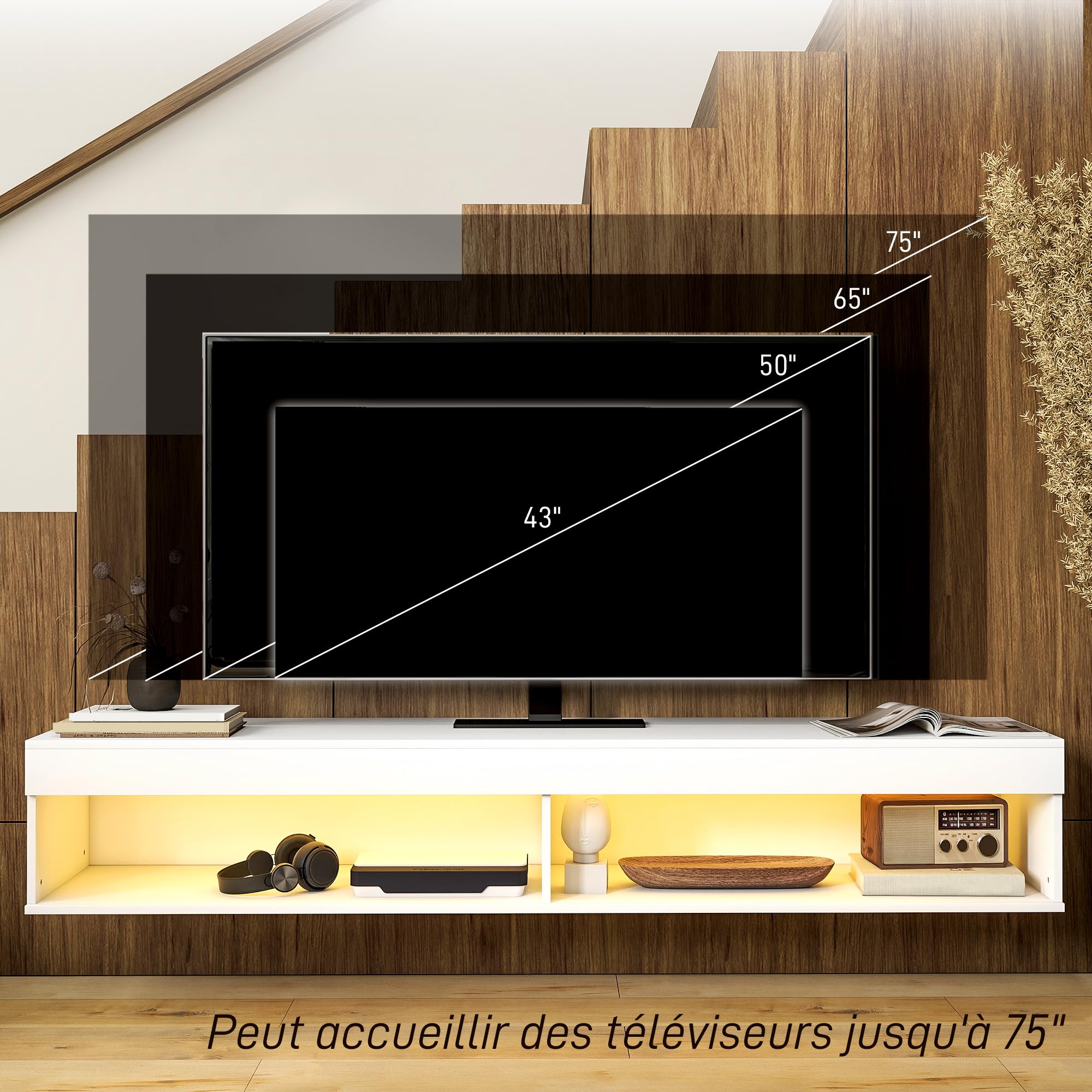 HOMCOM Meuble TV Suspendu Mural pour TV 75 Pouces 80 x 40 x 30 cm Blanc