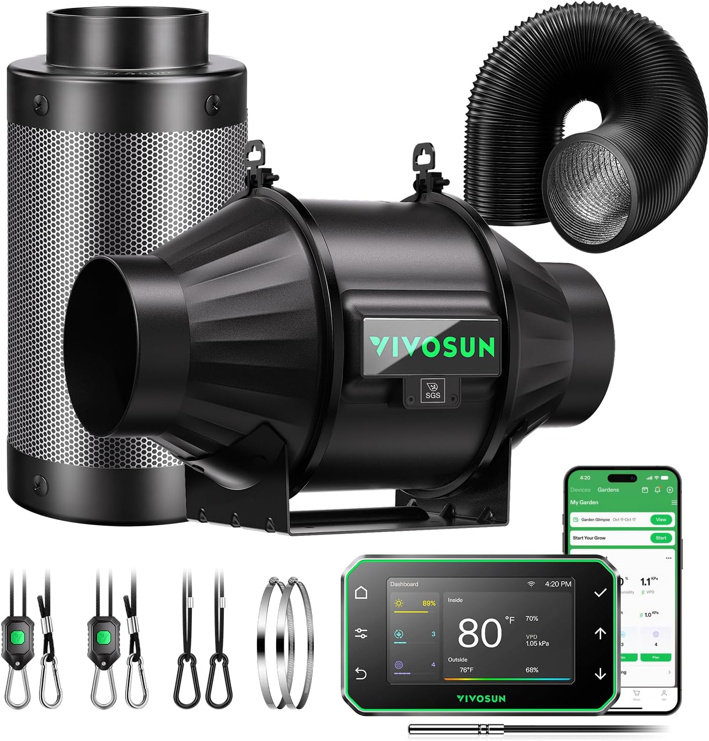 Smart Air Filtration PRO T4 Kit 4", AeroZesh T4 Inline Duct Fan w/GrowHub E42A Temp. Humidity WiFi-Controller, Carbon Filter & Ducting, Cooling & Ventilation System for Grow Tent, Hydroponics