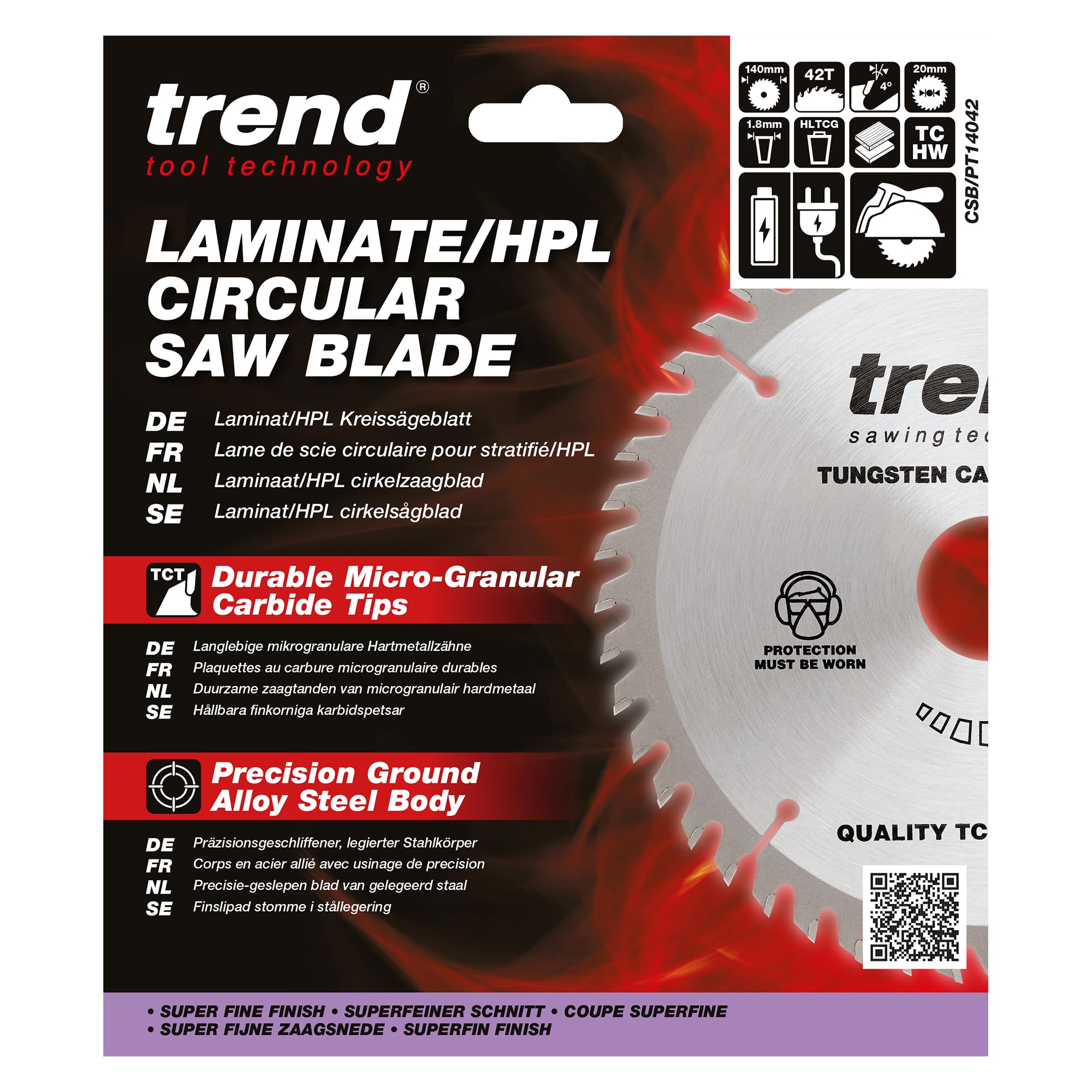Trend Lame de scie circulaire pour stratifié et HPL, diamètre 140 mm, alésage 20 mm, 42 dents, trait de scie 1,8 mm, crochet +4°, TCT, finition super fine, CSB/PT14042