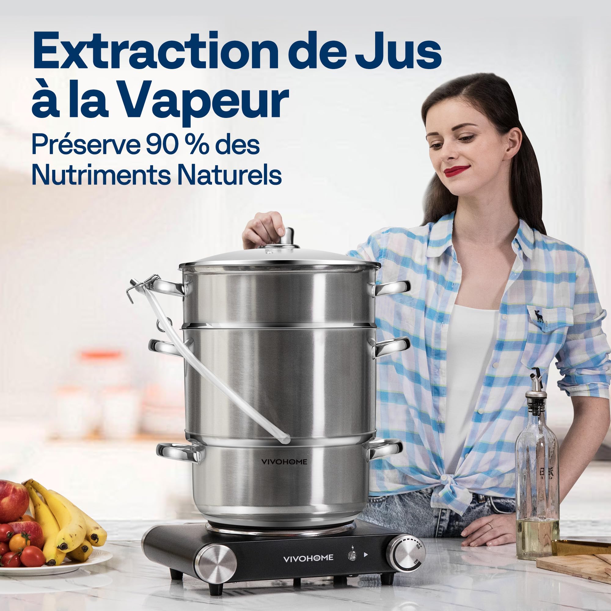 VIVOHOME Extracteur de Jus à Vapeur avec Couvercle en Verre, Ø 26cm, Capacité 8L, Convient à tous les Types de Cuisinières, y compris Induction, Idéal pour le Jus de Fruits et Légumes