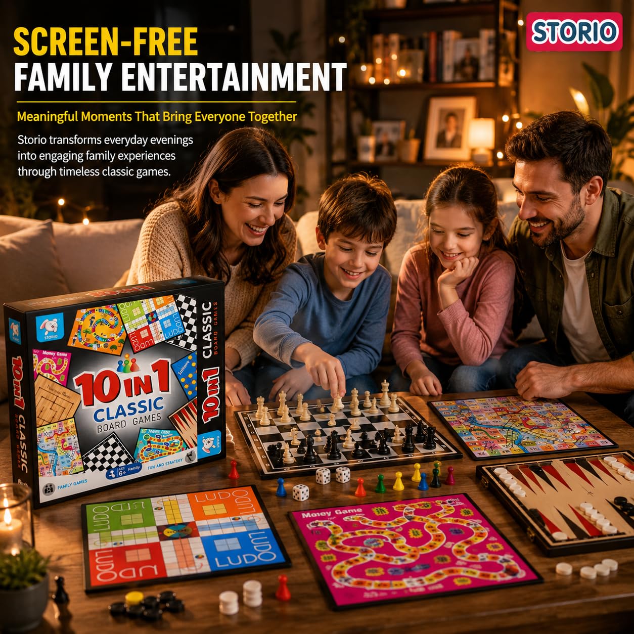 Storio 10-in-1 Classic Board Games for Kids 5+ Years | Chess, Ludo, Snakes & Ladders, Checkers, Backgammon & More | Family Board Game Set with Dice & Pawns | Educational Indoor Game for Boys & Girls — Amazon image 6