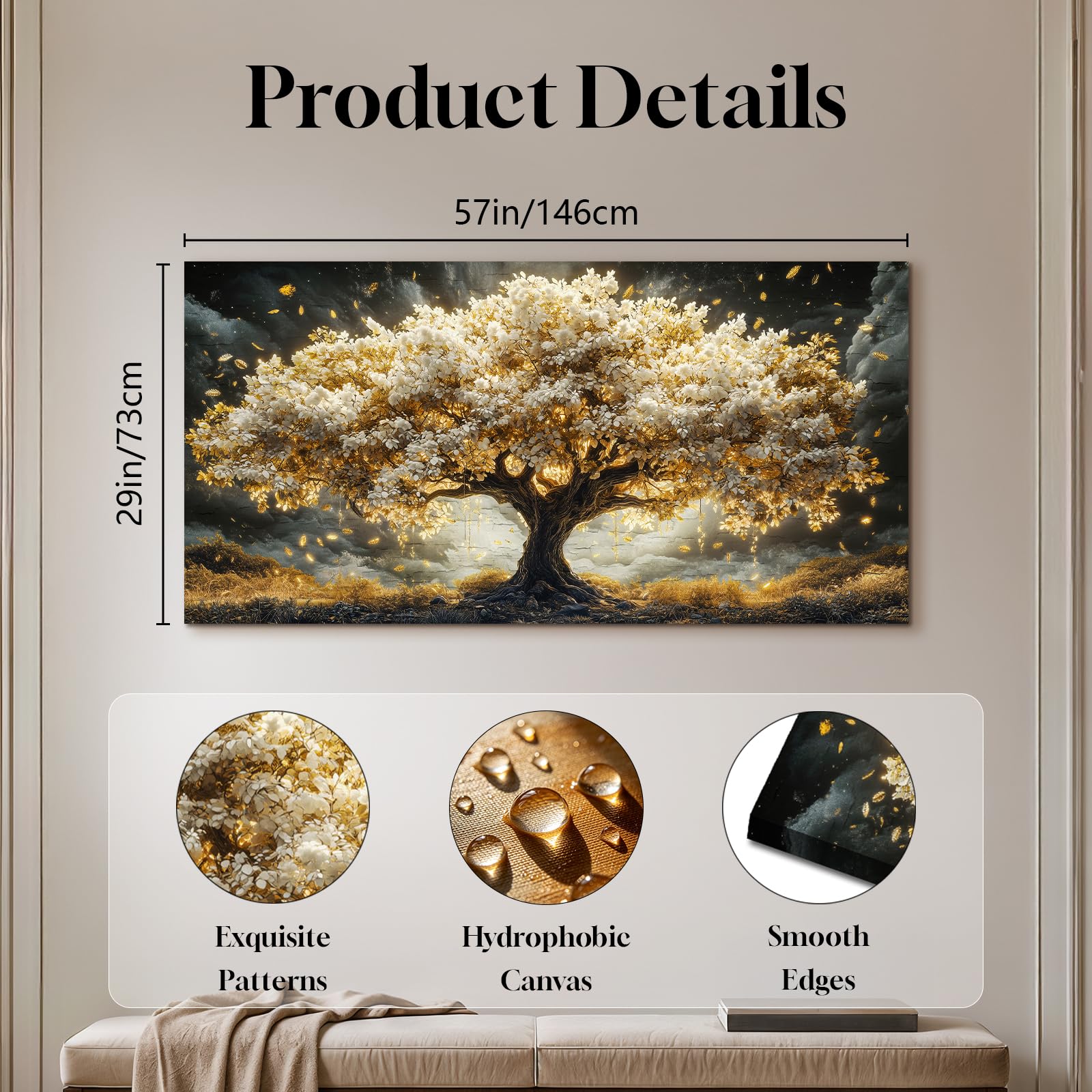 JHHUAMO Tableau Décoration Murale Arbre de Vie Doré Salon Chambre 73x146 cm | Tableau Nature, Impression Haute Définition, Installation Facile, Artisanat Exquis, Polyvalent