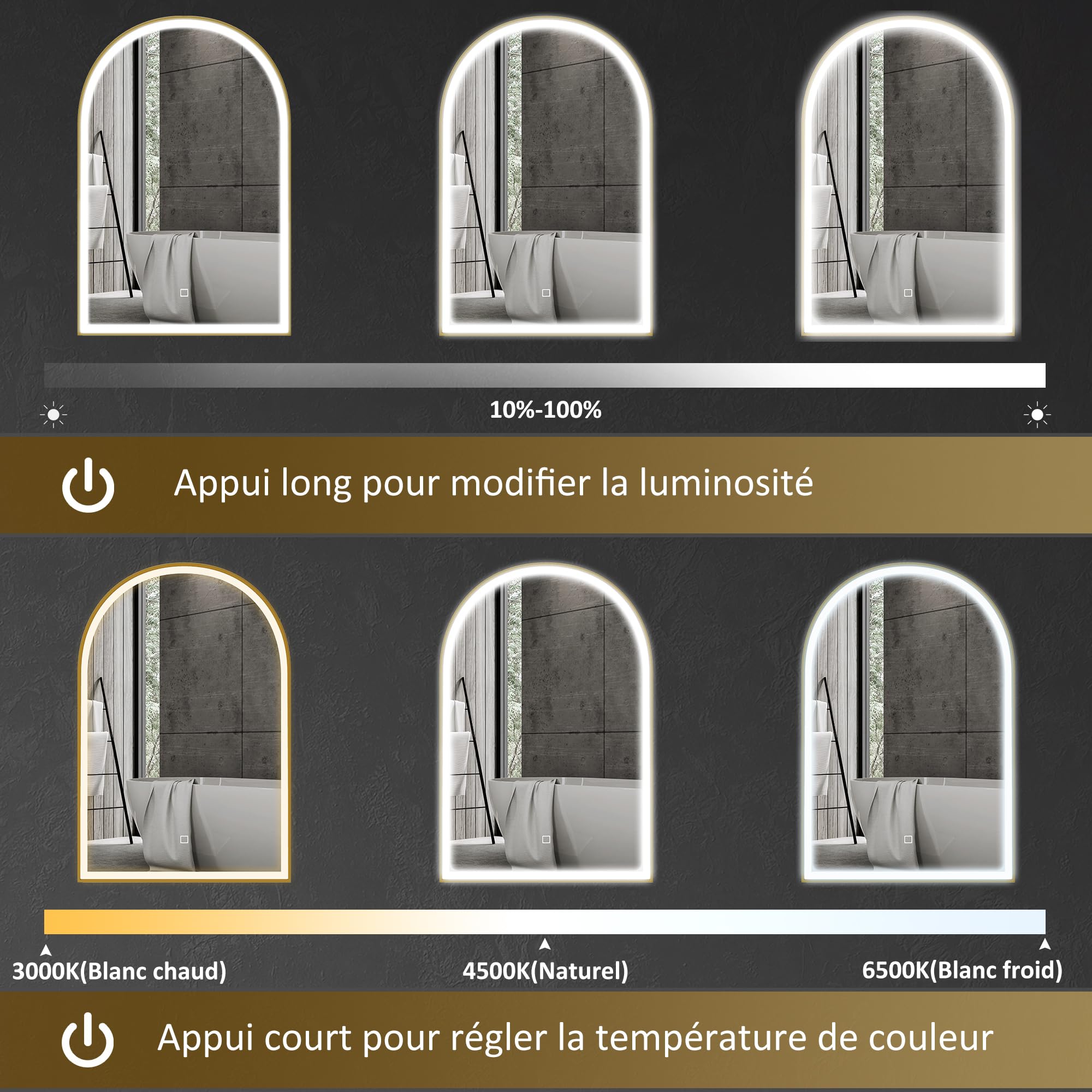 HOMCOM Miroir Salle de Bain avec éclairage LED 90 x 60 cm, Miroir Mural arqué, lumière réglable 3 Couleurs, Anti-buée, mémoire, Interrupteur Tactile, Miroir Salle de Bain, Cadre en Aluminium, doré
