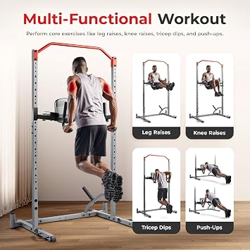 Sunny Health & Fitness Power Cage Squat Rack Upgrade Attachments, Dip Bar, Plate Bar Holder, Belt Squat, J Hook, Lat, Adapter, U Ring, Pull Up Bar, Landmine, Captain's Chair, Tricep Rope For Home Gym