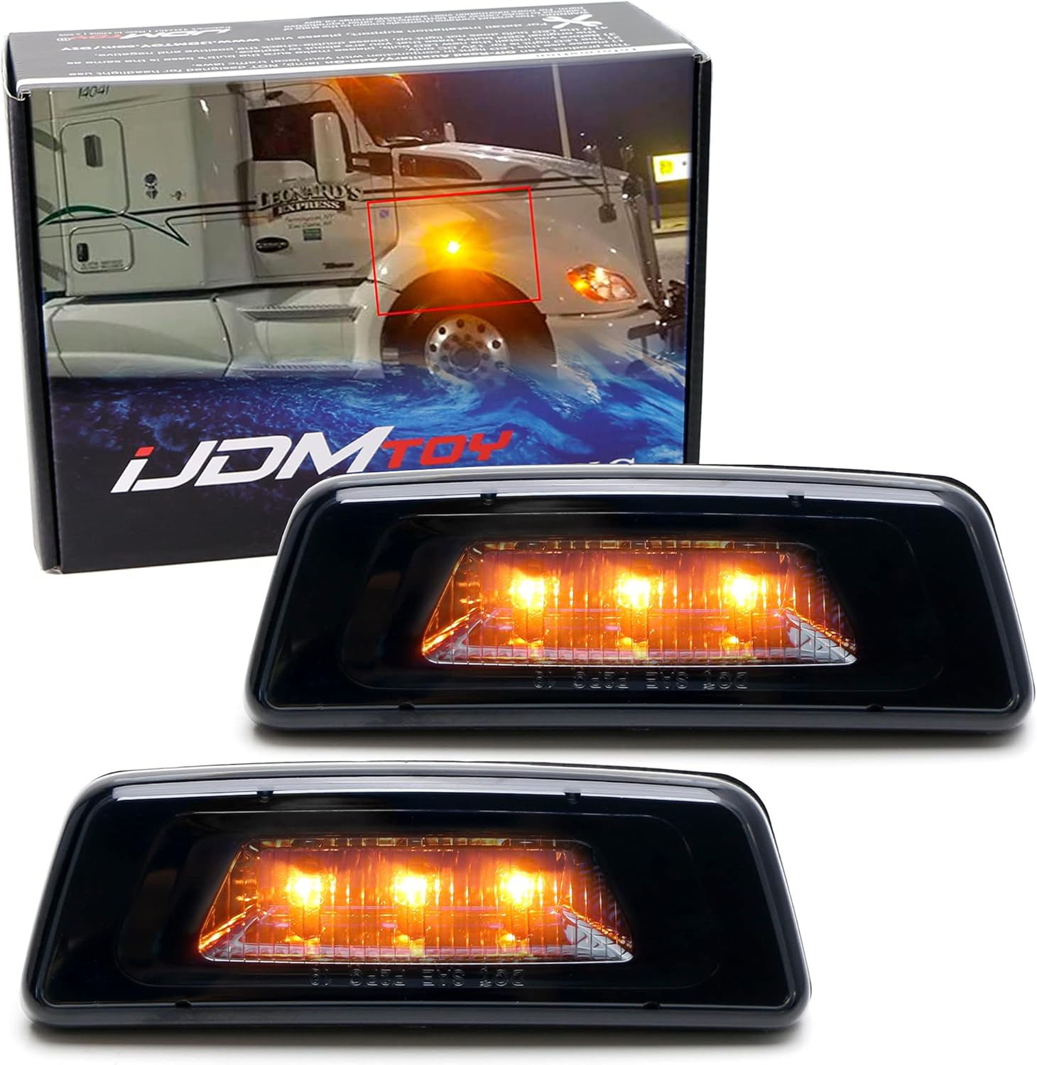 iJDMTOY Smoked Lens Chrome Inside Finish Super Bright Amber Full LED Front Wheel Fender Side Marker Lights Compatible With Kenworth T680 T700 T880, Peterbilt 567 Semi-Truck