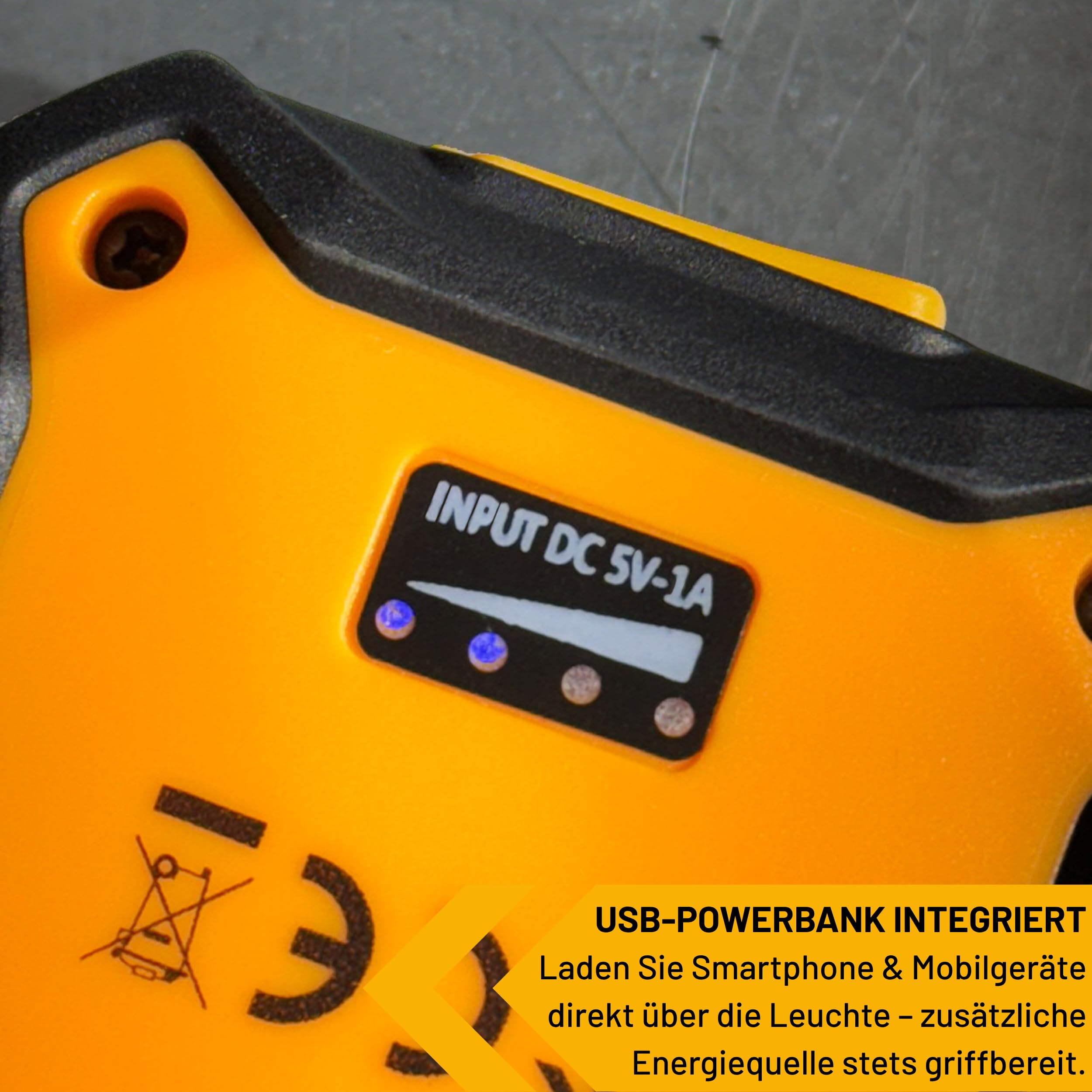 JCB Work Lights LED-Arbeitsleuchte 1000 Lumen, kompakte Werkstattlampe mit 3 Helligkeitsstufen, USB-C aufladbar, Magnet & Haken, IP54, nur 140 g, JCB-WL-PALM