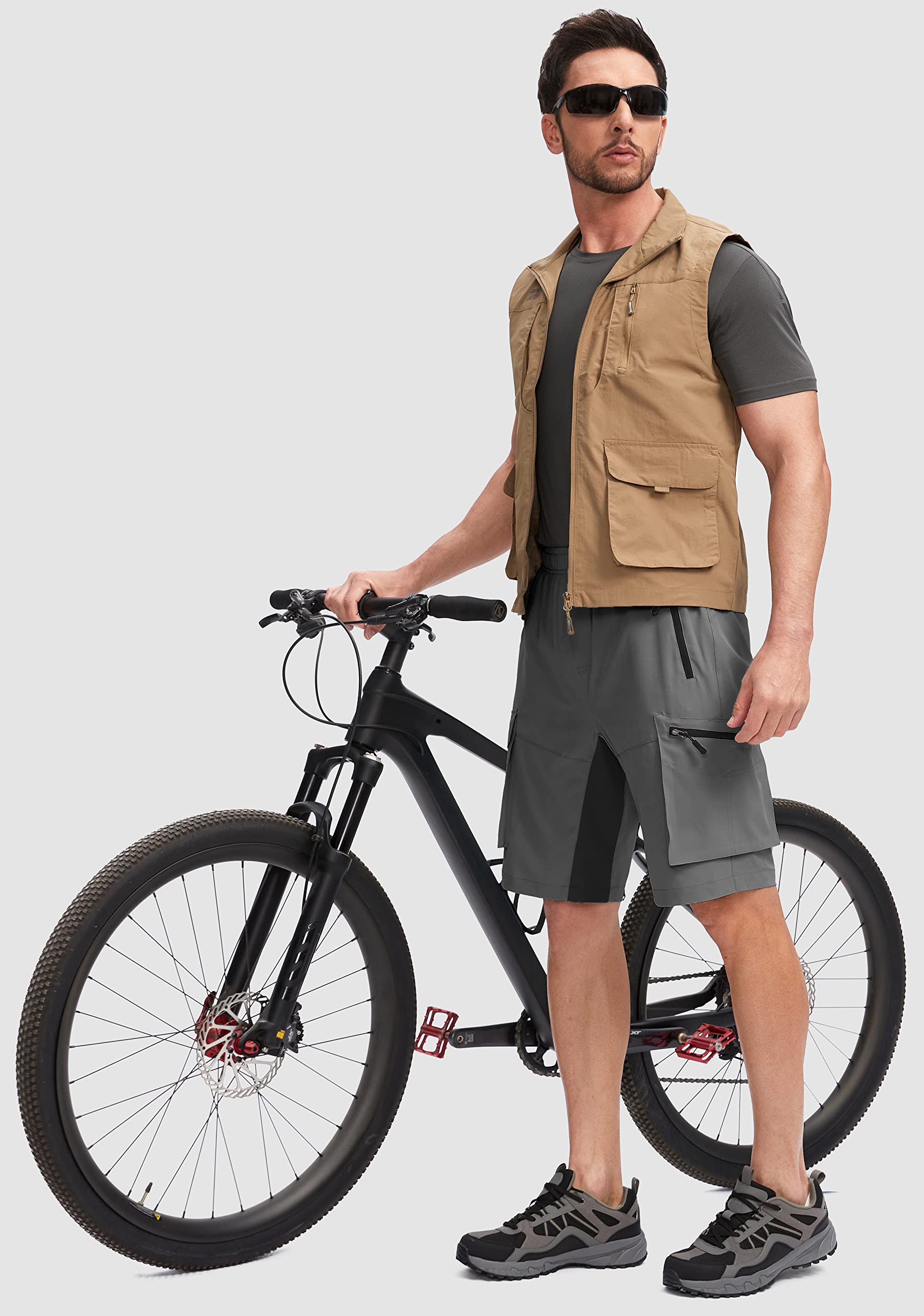 Bikewa Męskie spodenki MTB z wyściółką 3D, luźny krój, kieszenie na zamek błyskawiczny, czarne/szare, L, Czarny/szary, L