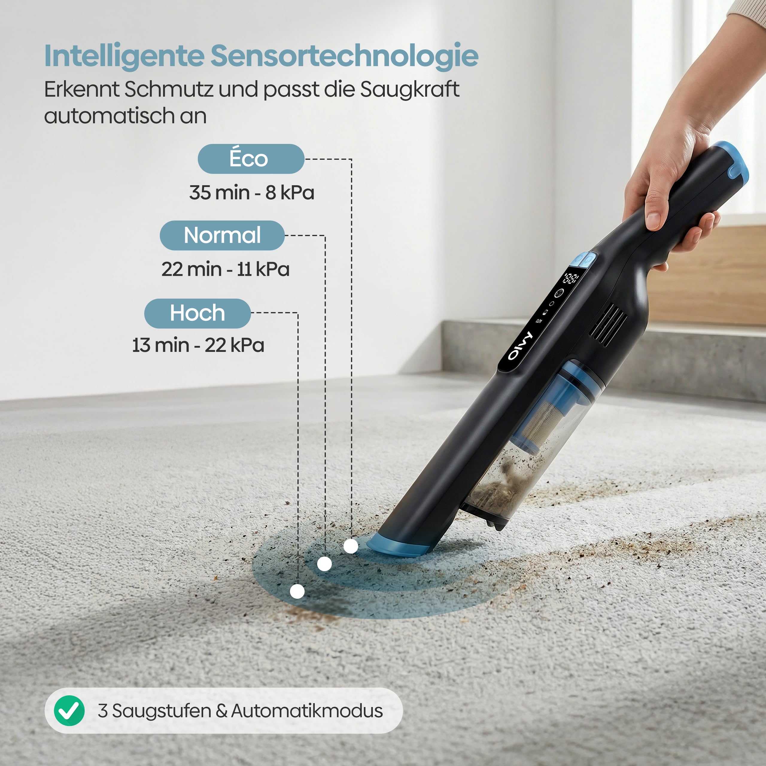Olvy HC32 PRO Handstaubsauger Kabellos – 250 W, 22 kPa Starke Saugleistung, 3 Saugstufen, bis zu 35 Min Laufzeit, LCD-Display, HEPA-Filter, Autostaubsauger mit Zubehör für Haus & Auto