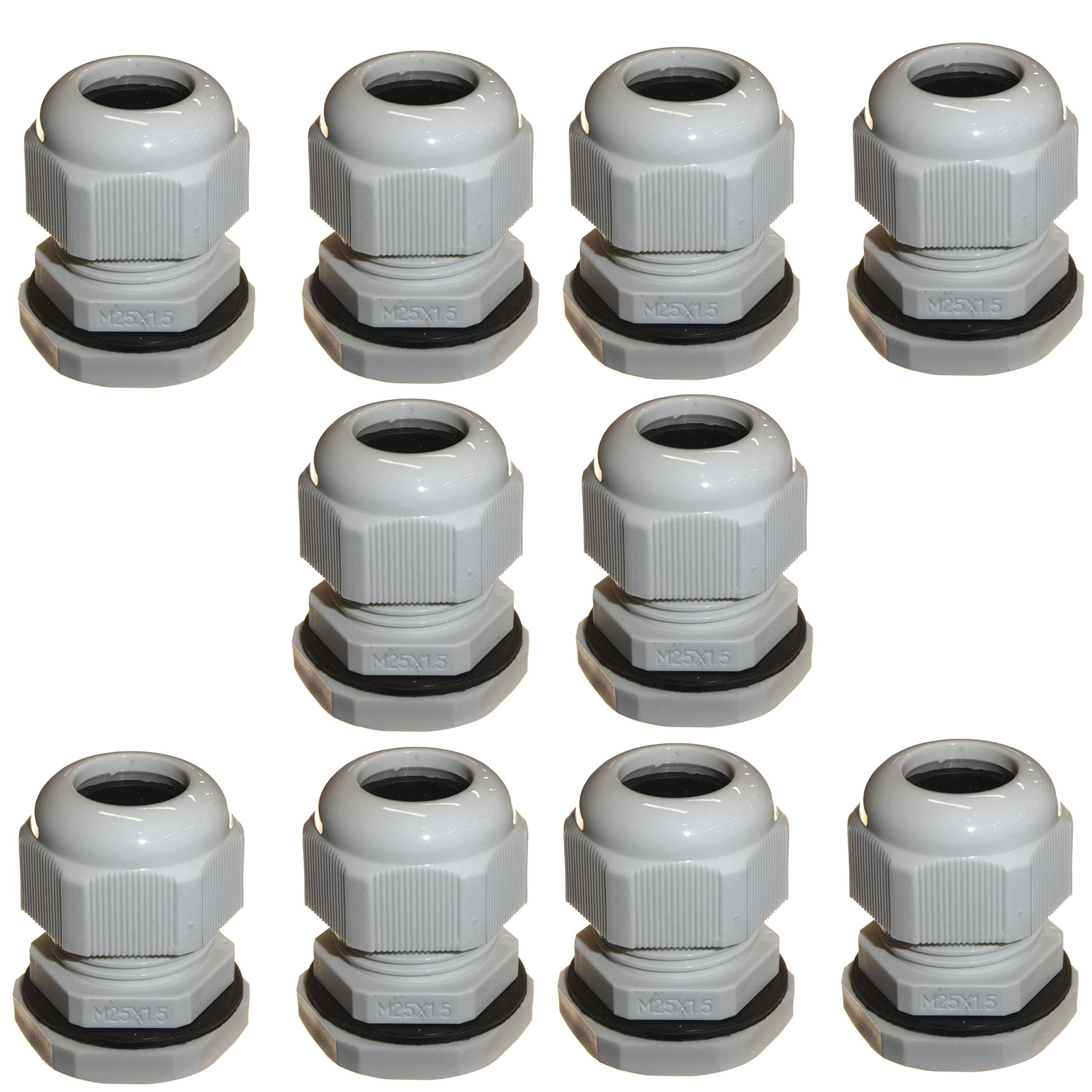 10pk M25 25mm TRS Stuffing Compression Glands for 12-15mm Cable Grey, Waterproof IP68 with Locknut and Washer