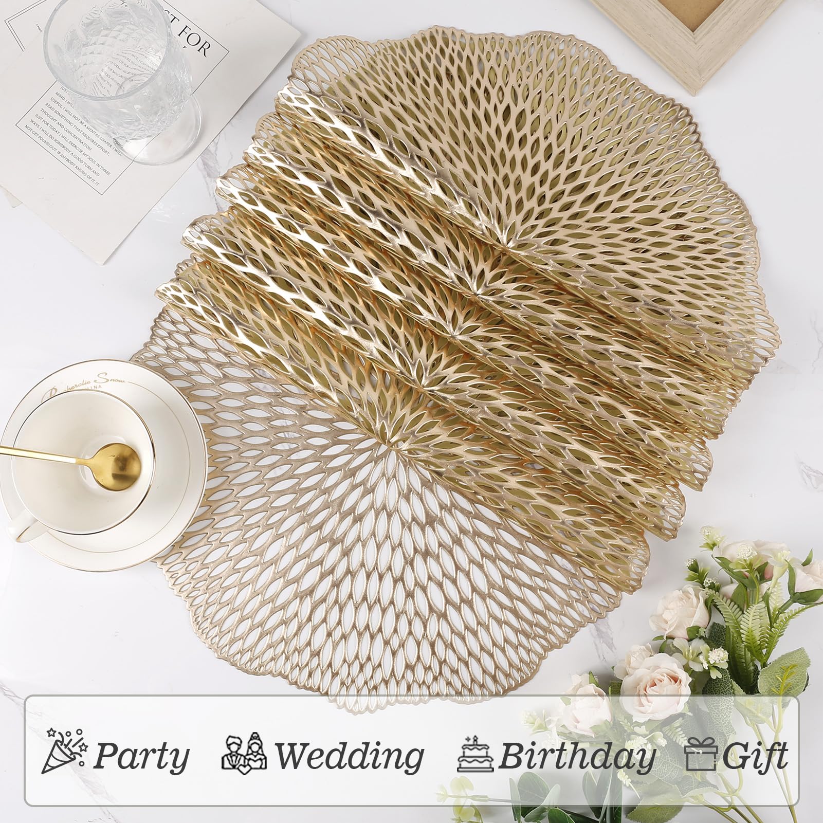 Juego de 6 manteles individuales de vinilo metálico de 15 pulgadas, manteles individuales redondos dorados, decoración de mesa de comedor para bodas, Navidad, Acción de Gracias, vacaciones
