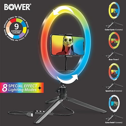 Miniatura 2 de Bower Kit de estudio de soporte de luz de escritorio RGB para selfie de 10 pulgadas, rango ultra amplio, 9 colores, 12 niveles de brillo, efectos