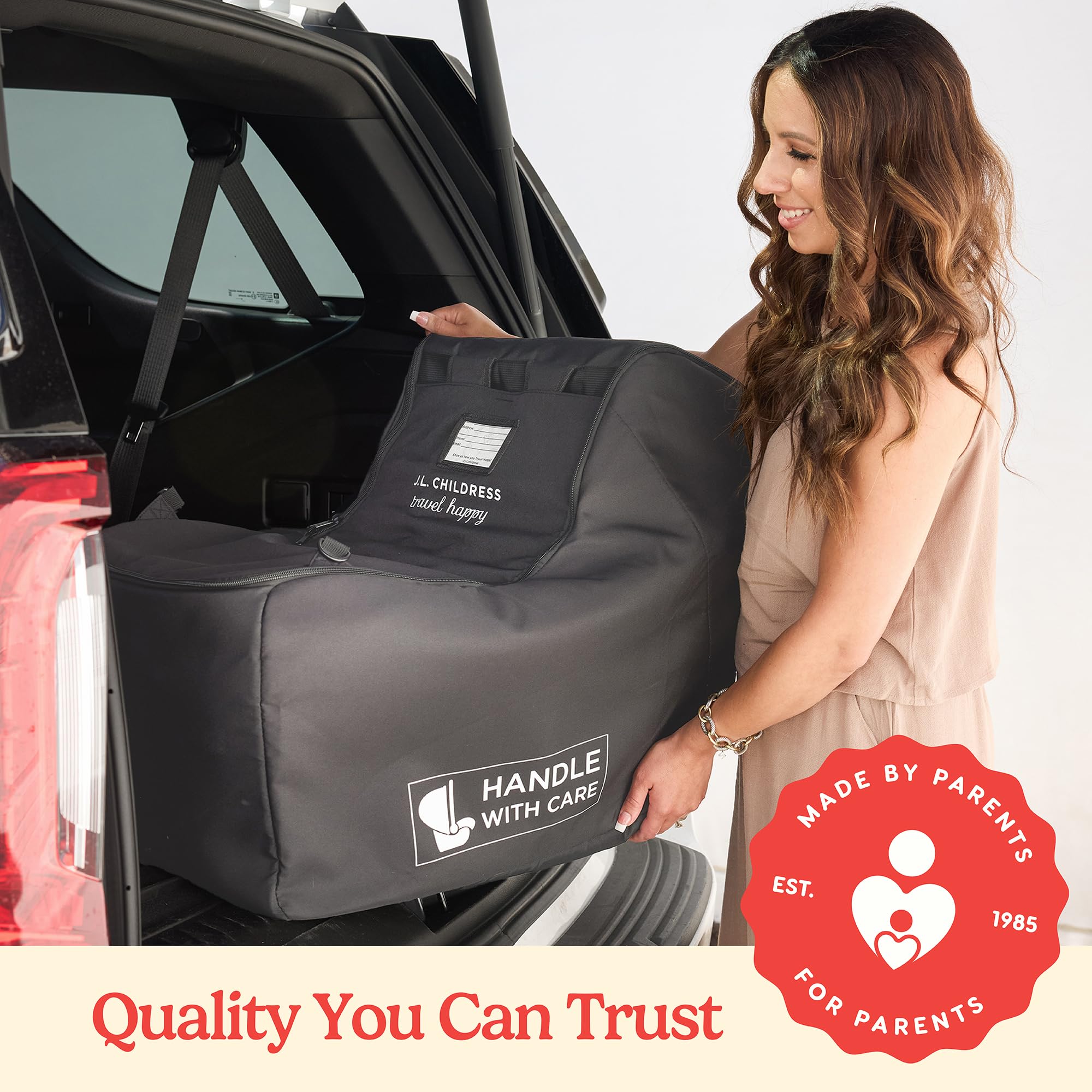 J.L. Childress Premier - Borsa da viaggio per seggiolino auto, imbottitura spessa, cinghie per zaino e supporto AirTag, compatibile con seggiolini auto UppaBaby, Nuna, Chicco e altri seggiolini auto