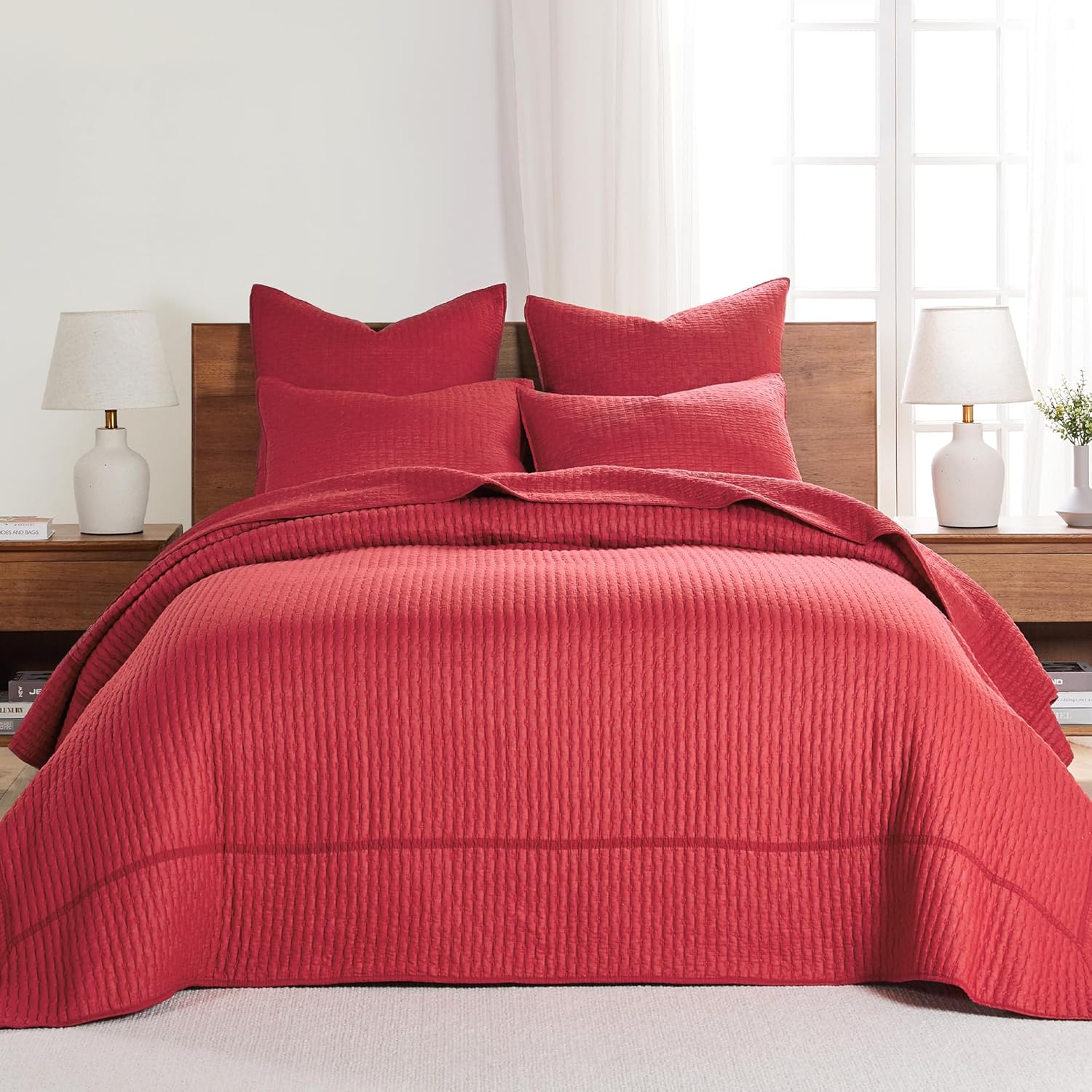 Levtex Home Cross Stitch Red Bedspread Set Queen Bedspread and Two Standard