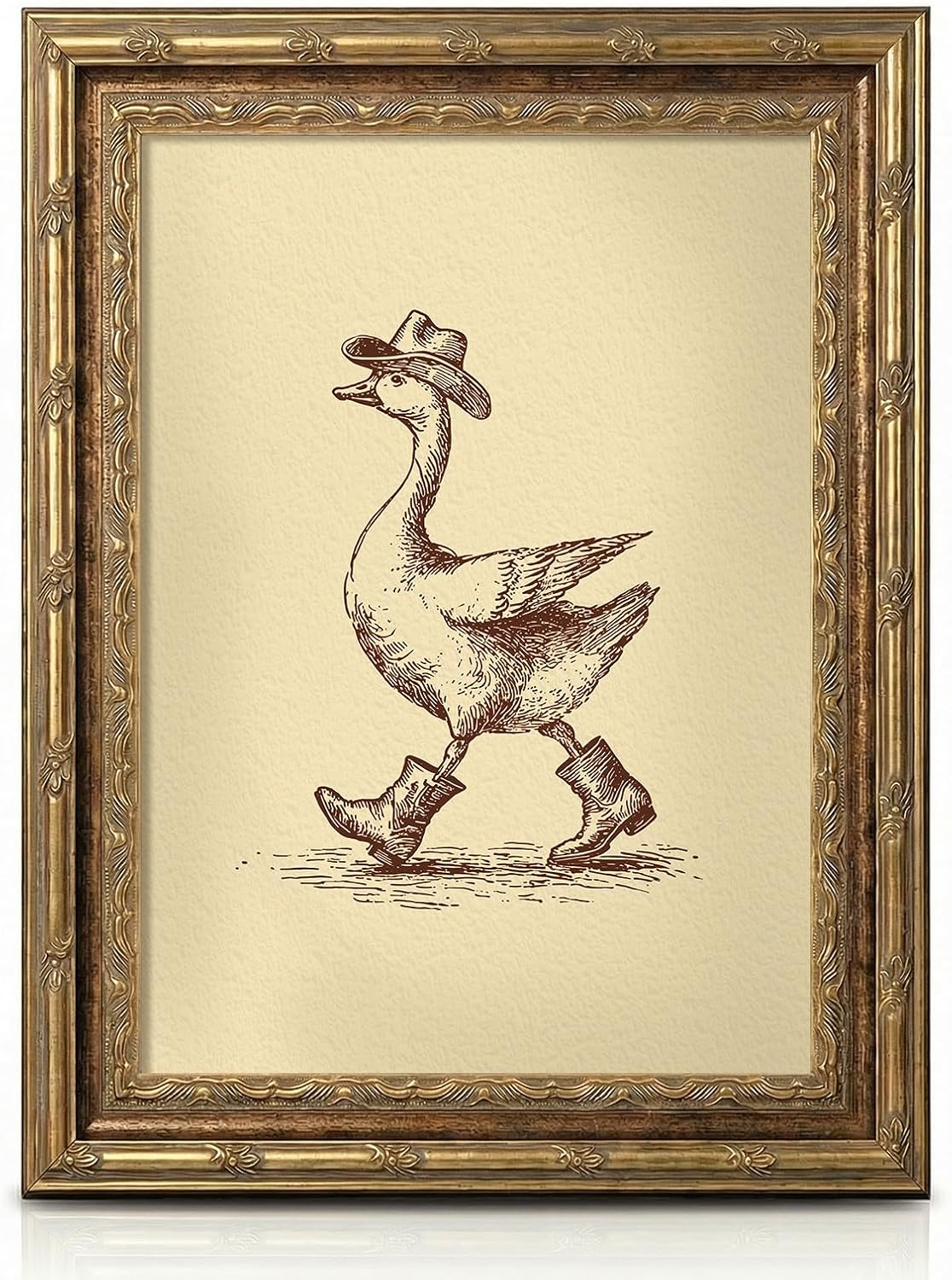 ARPEOTCY Gold Framed Glass Wall Art, 12x16inch, Trendy Cowboy Duck Modern Maximalist Artwork Funny Animal Canvas Paintings, Western Home Decor, Retro Farmhouse Rustic Decor for Bedroom Living Room Kitchen