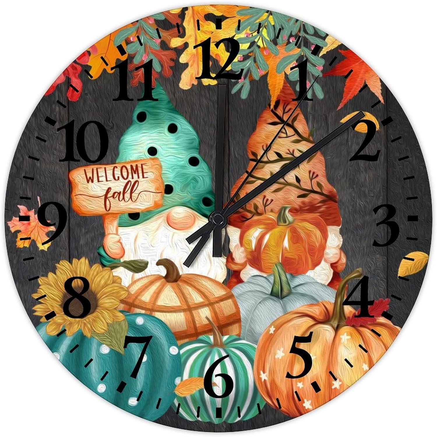 Welcome Fall Gnome Pumpkins Wooden Clocks 12 Inch, Thanksgiving Autumn Halloween Rustic Wood Wall Clock Silent & Non-Ticking Round Arabic Numbers Clock for Dining Room Decor