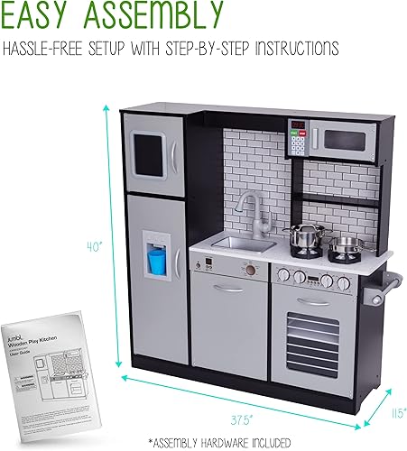 Miniatura 8 de Lil Jumbl Juego de cocina para niños cocina de juego de madera de simulación máquina de hielo quemadores grifo y microondas que hace un sonido y luz