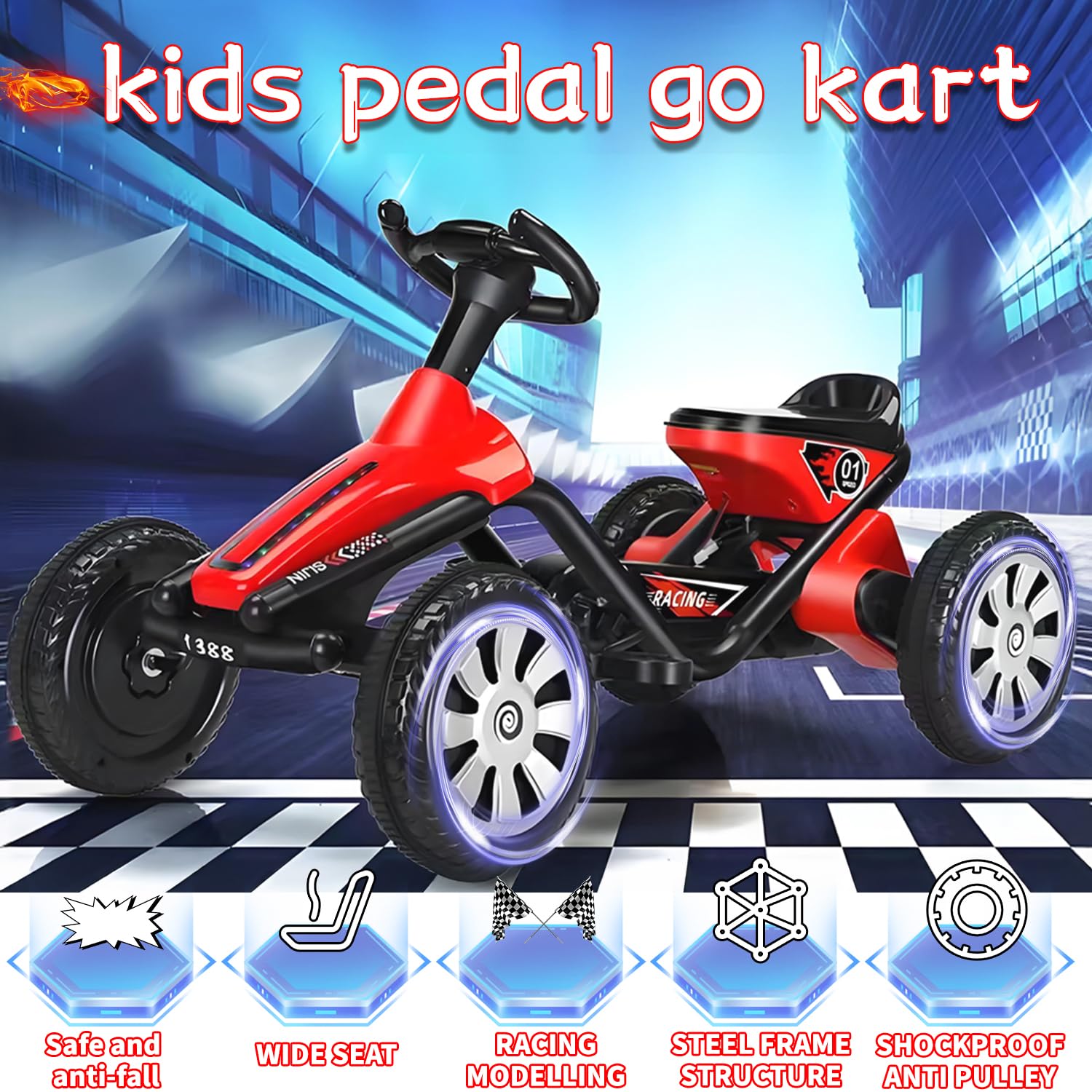 Pedal Go Kart for Kids, Pedal Powered Go Cart with Music, Carrying Weight up to 80kg Pedal Kart, Indoor & Outdoor Racer Ride On Pedal Car for Boy Girl,Red