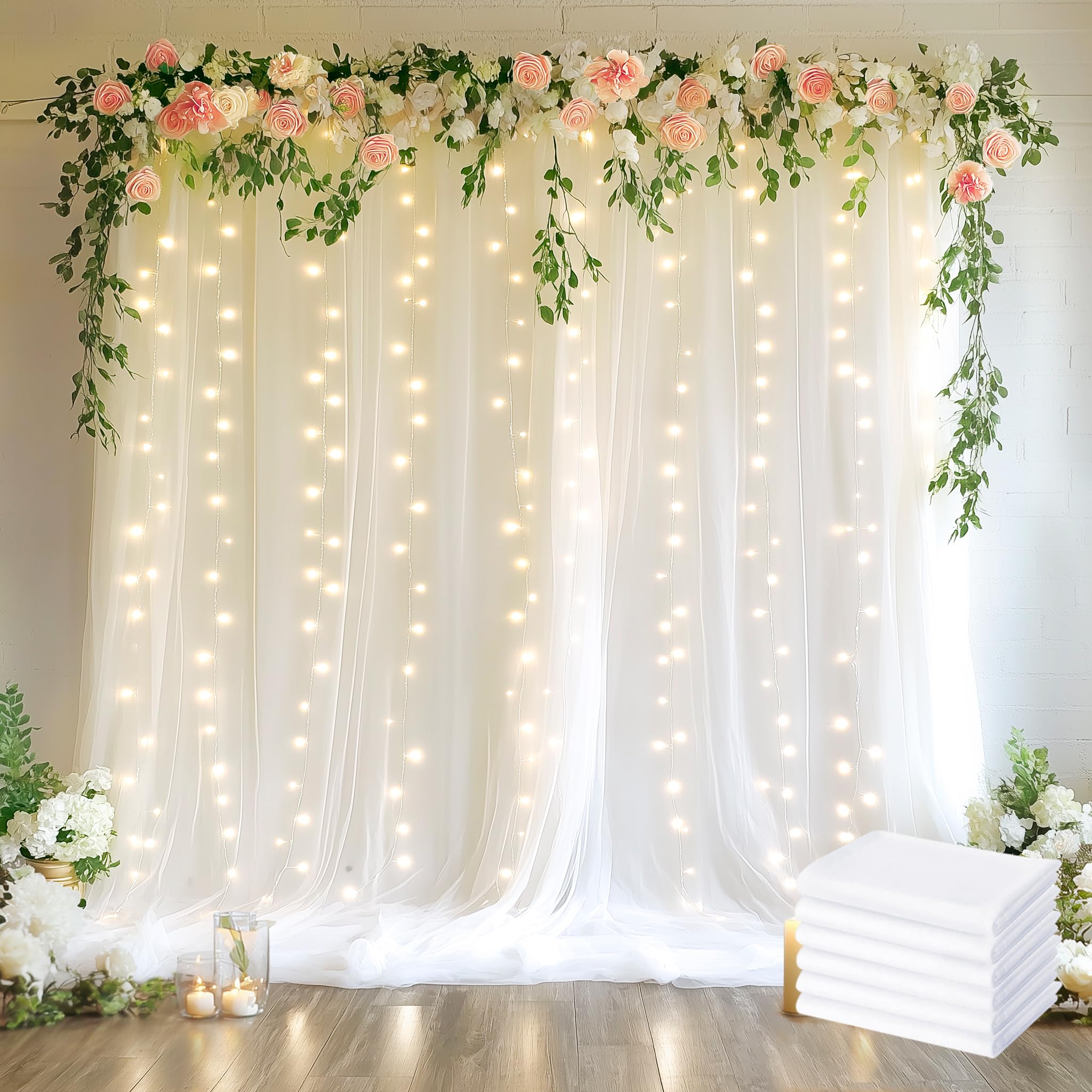 Rideau de tulle blanc haut de gamme 6 panneaux 9,1x2,4m avec éclairage LED de cérémonie
