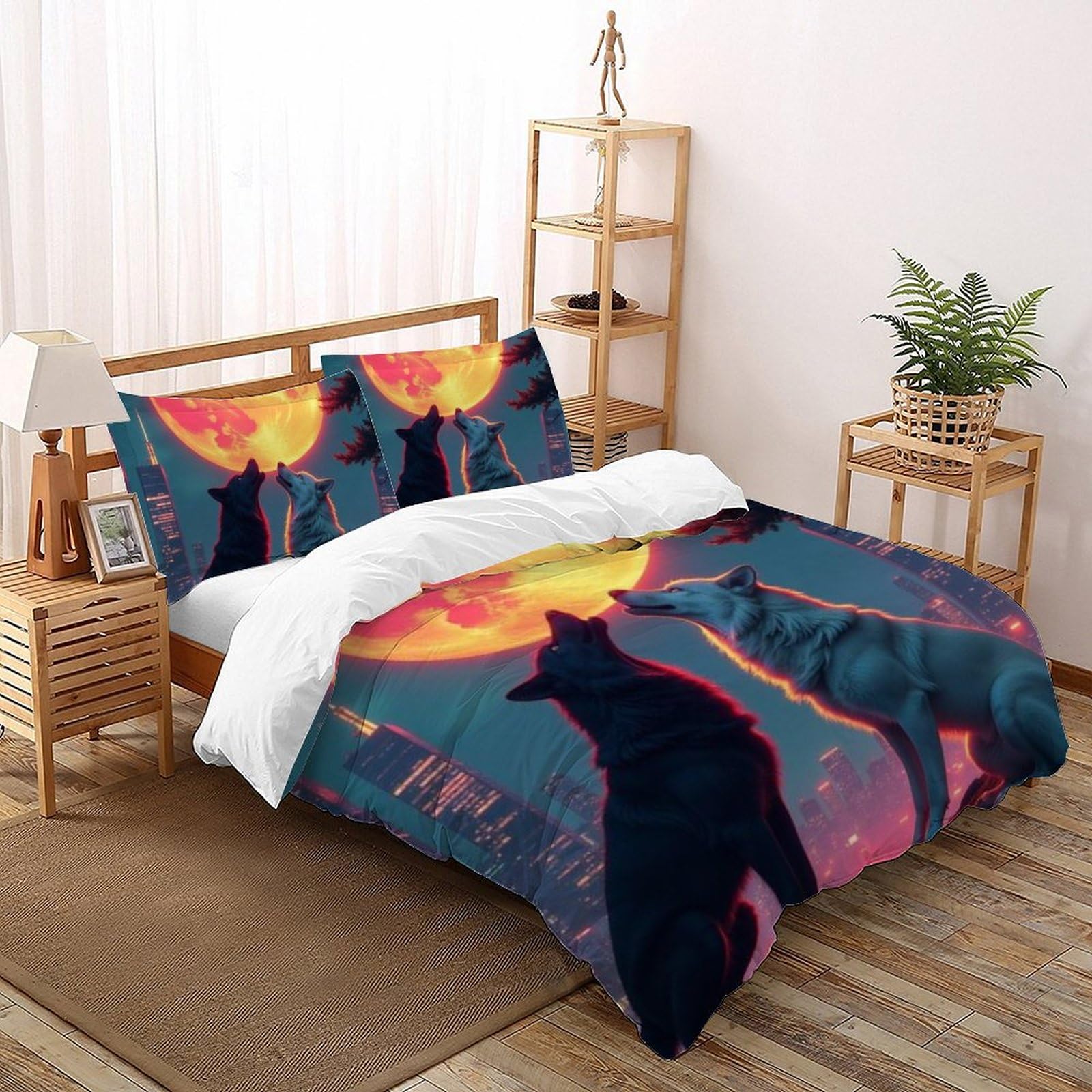 Housse de couette loup 200x200 microfibre avec taies d'oreiller pour lit double