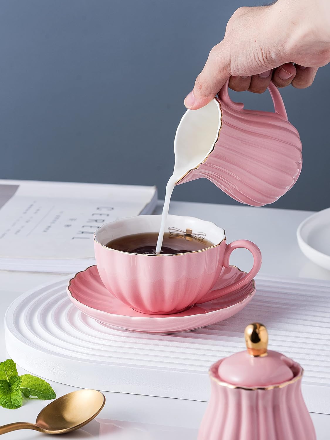 Jusalpha Service for 6- Fine China Pink Coffee Cup/Teacup Set, 8 OZ Cups& Saucer, with Teapot-Sugar Bowl-Cream Pitcher Teaspoons and tea strainer for Tea/Coffee- 24 PC (Pink, Serve of 6) - Image 7