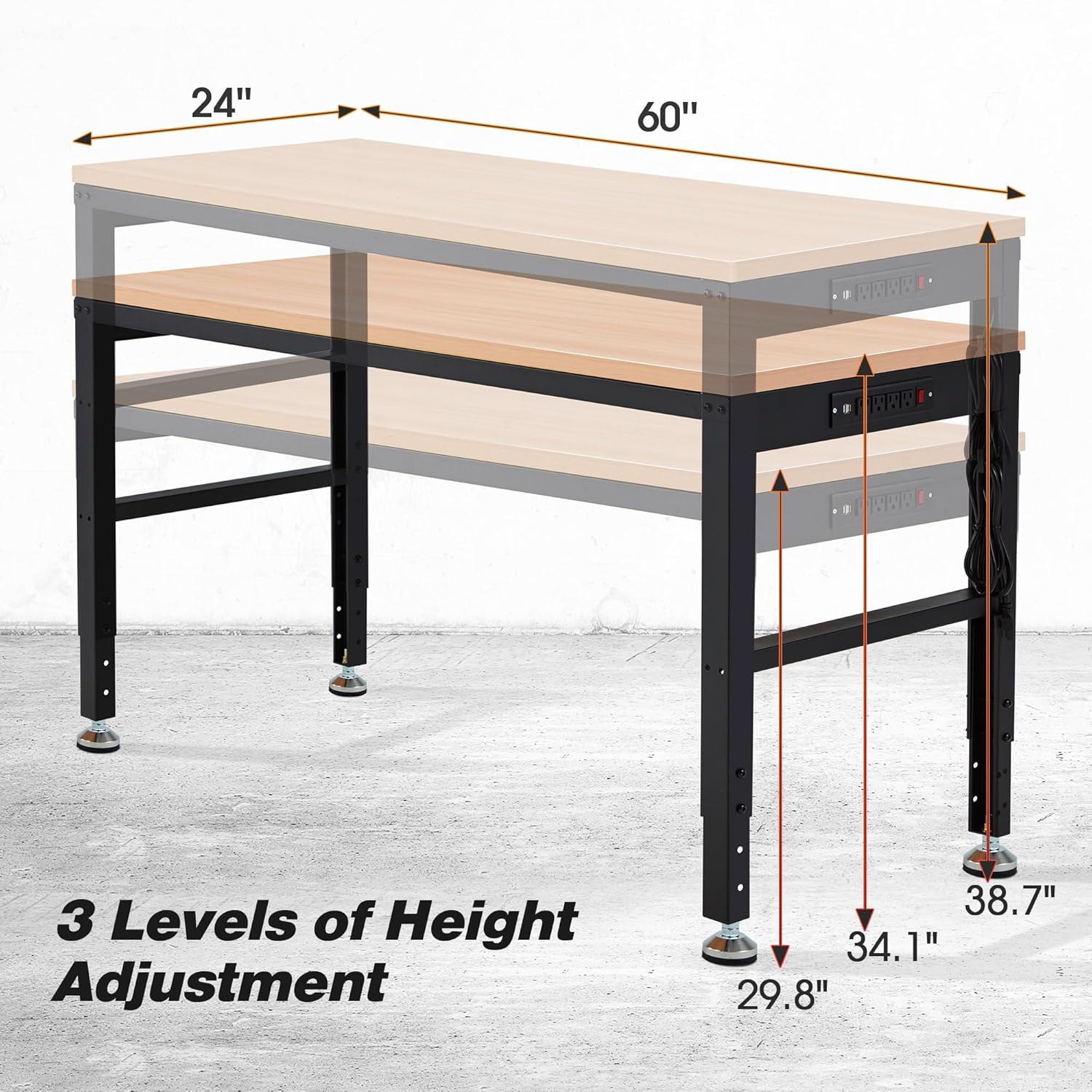 60” Adjustable Workbench,Heavy Duty Wood Work Bench 2000 Lbs Load Capacity,Work Table with Power Outlet for Garage, Workshop, Office, Home - Image 5