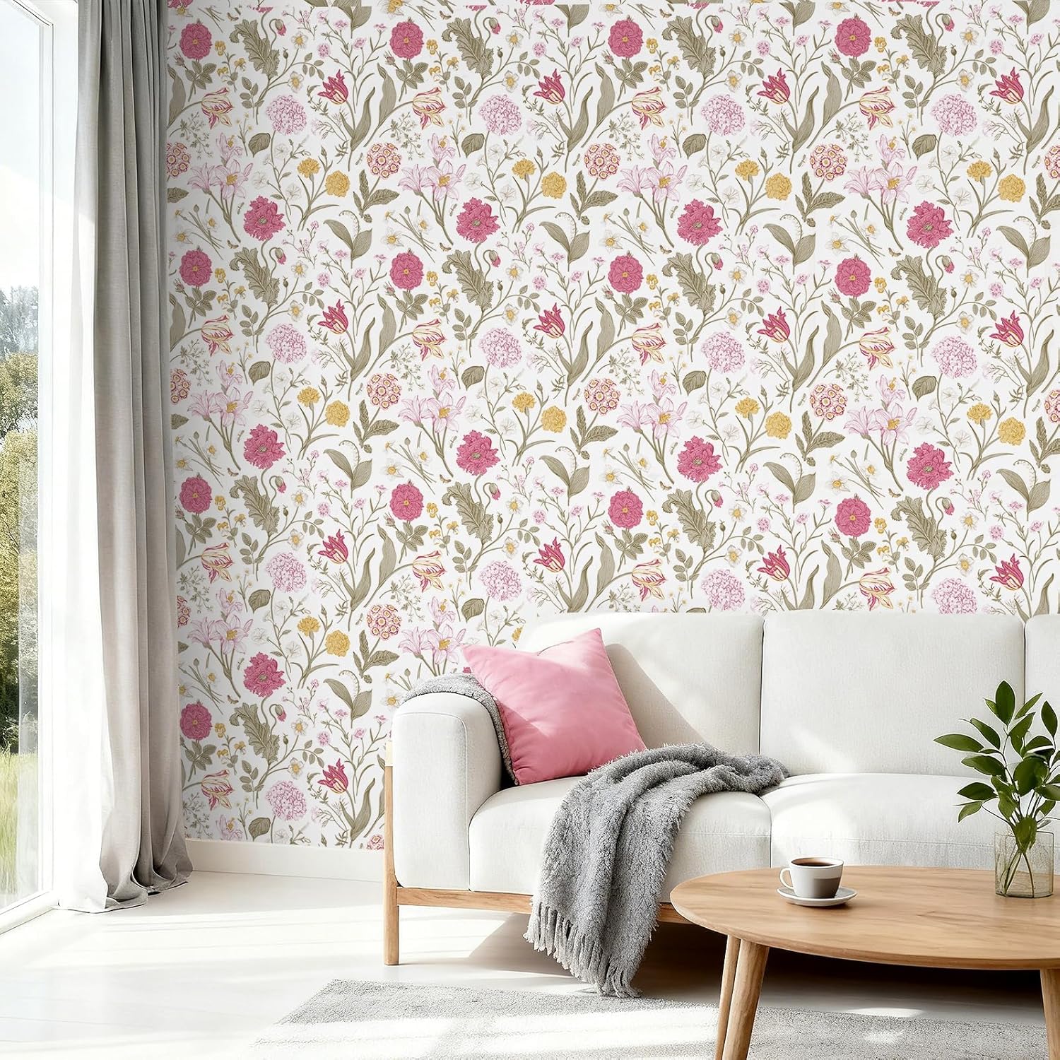 Decotalk Peach Pink Floral Wallpaper Peel and Stick Vintage Pink Wildflowers Botanical Wallpaper for Bathroom Girls Bedroom 17.5x120inch Removable Self Adhesive Floral Contact Paper for Cabinets Walls