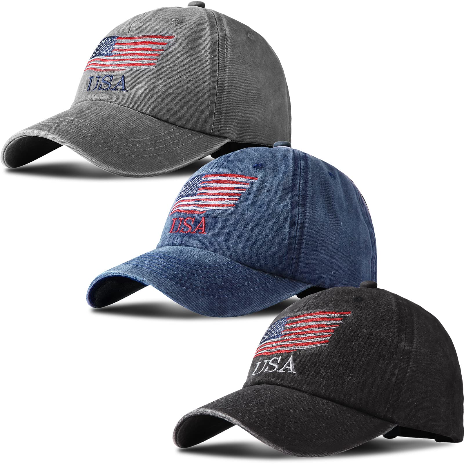 Geyoga 3 Pieces Mens Hats Baseball Cap USA Flag Hat American Flag Baseball Cap USA Tactical Hat Washed Distressed Hats for Men Women