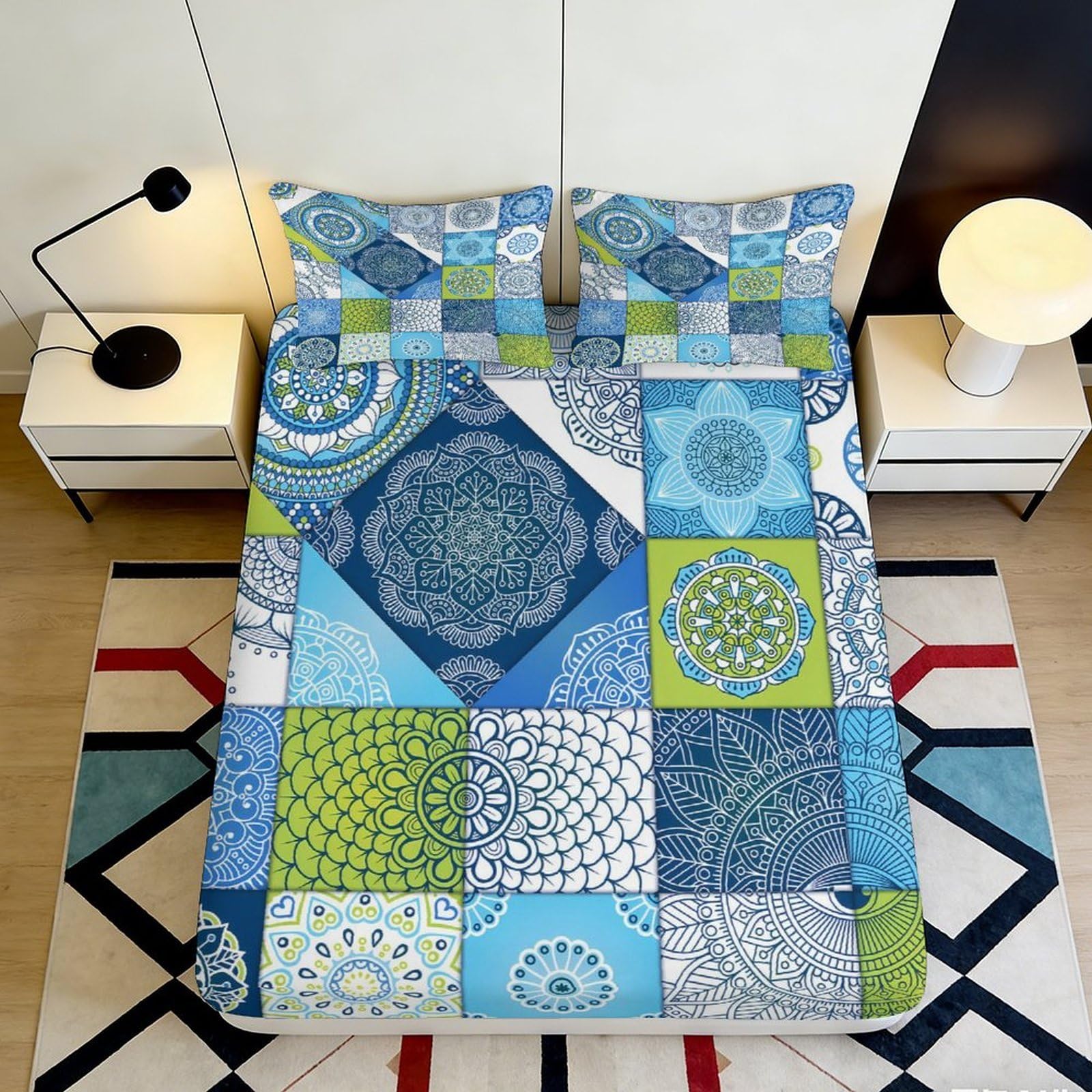 3D Printed Blue Mandala Fitted Sheet Microfiber Soft Breathable Geometric Patchwork Mattress Cover for Bedroom Guest Room 180x200x25cm