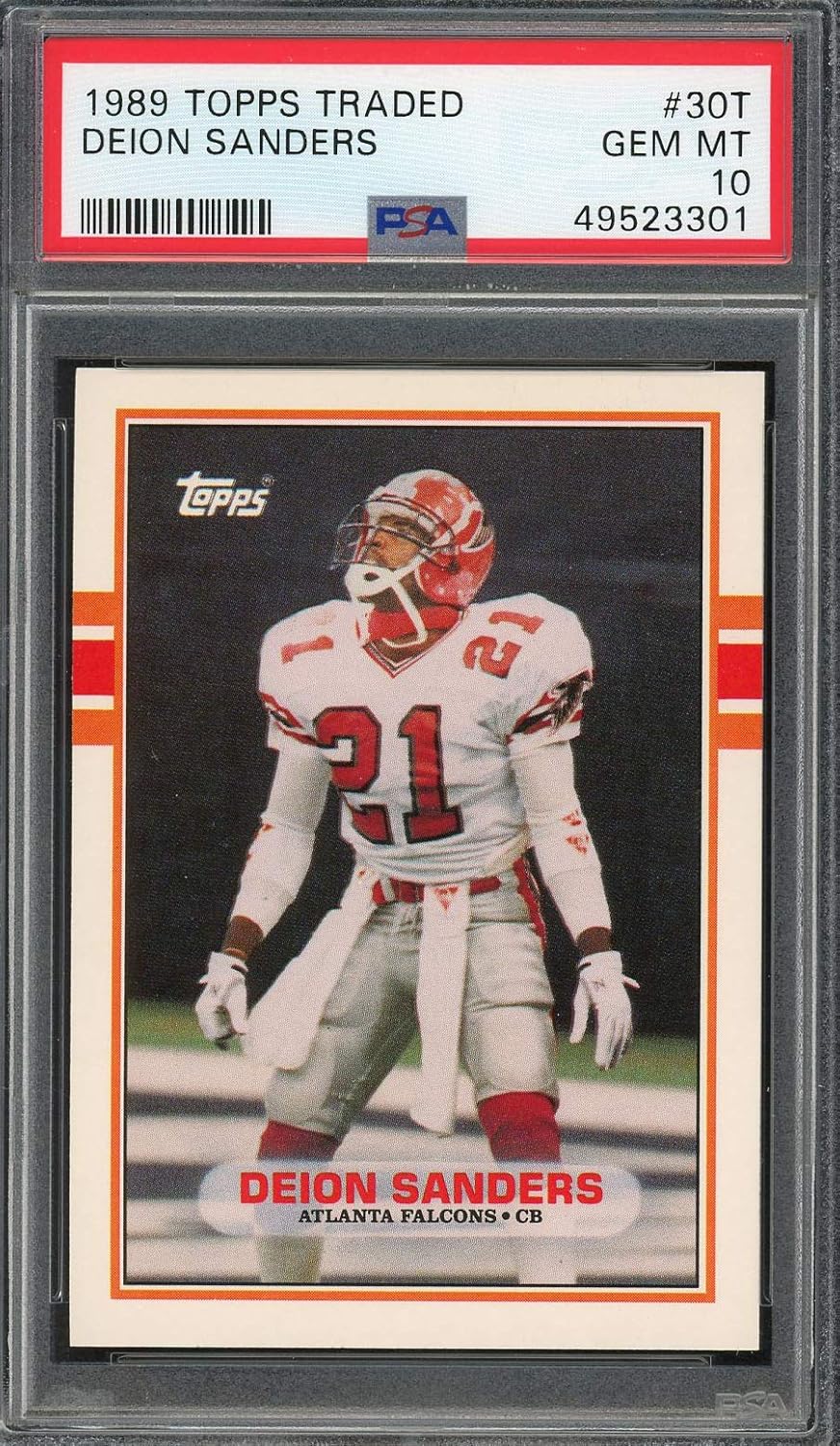Deion Sanders 1989 Topps Traded Football Rookie Card #30T, PSA 10 GEM MINT (Cert# 49523301), Graded Football Cards PSA 10, Authenticated Collector’s Gem by Powers Sports Memorabilia