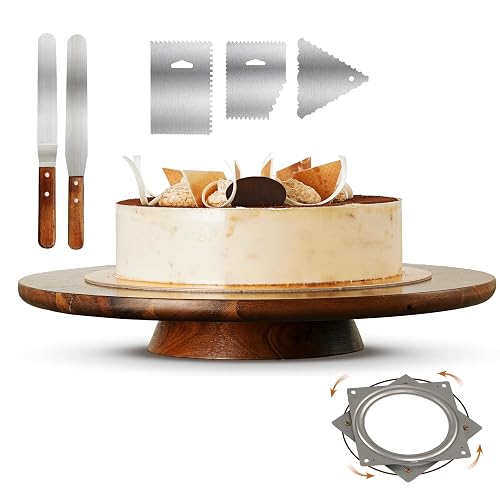 TIDITA 13 Inch Acacia Cake Stand Rotating with 2 Icing Spatulas
