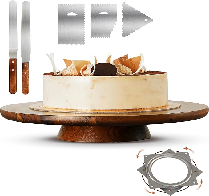 TIDITA 13" Acacia Cake Stand Rotating – Rustic Wood Pedestal Stands Turntable with 2 Icing Spatulas, 3 Smoothers – Wooden Spinning Cake Decorating Serving for Cupcake Dessert Display in Party, Wedding