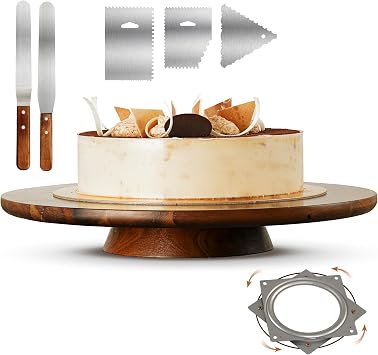 TIDITA 13" Acacia Cake Stand Rotating Rustic Wood Pedestal Stands Turntable with 2 Icing Spatulas, 3 Smoothers Wooden Spinning Cake Decorating Serving for Cupcake Dessert Display in Party, Wedding
