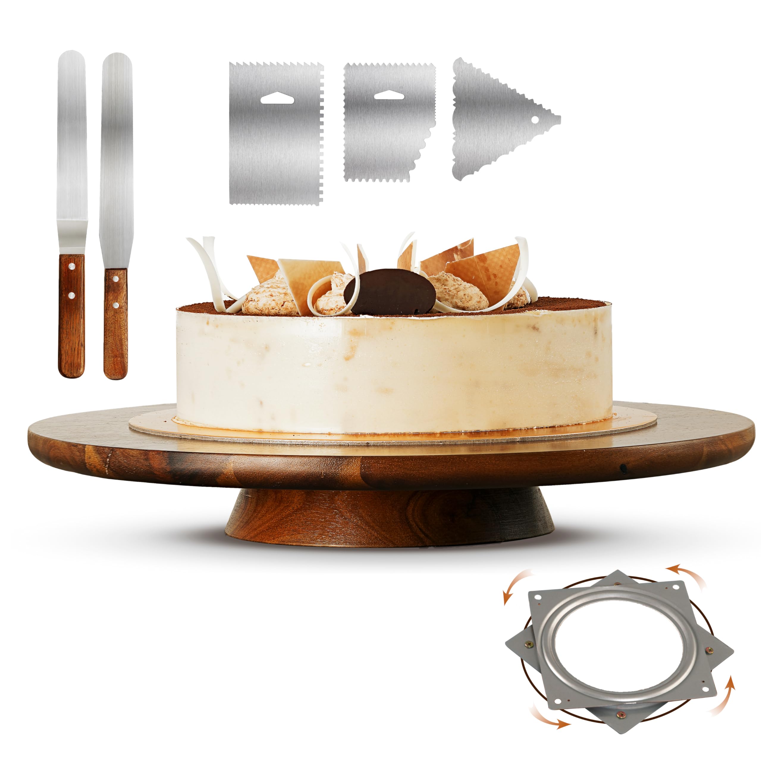 Giradischi Per Torte In Legno Di Acacia 30,5 Cm Con Spatole E Pettini – Set Decorazione Fai Da Te