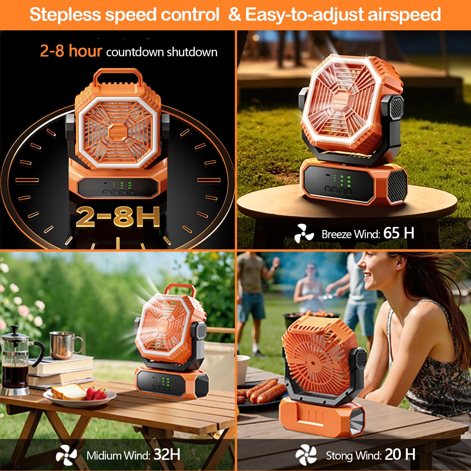 Ventilatore da campeggio portatile da 20000 mAh con luce, telecomando e timer, regolazione continua della velocità, ventilatore da esterno oscillante con lanterna