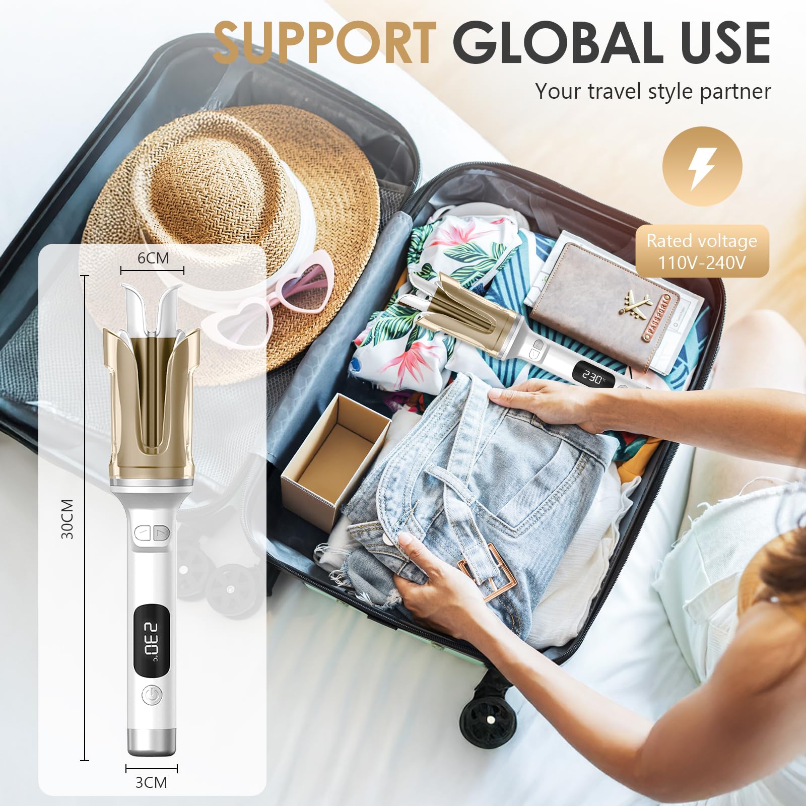 Fer a Boucler Cheveux Automatique, Fer a Friser avec 6 Réglages de Température avec LCD Écran, Friseur Cheveux Femme, Boucleur Céramique pour Cheveux Longs/Courts (Blanc)