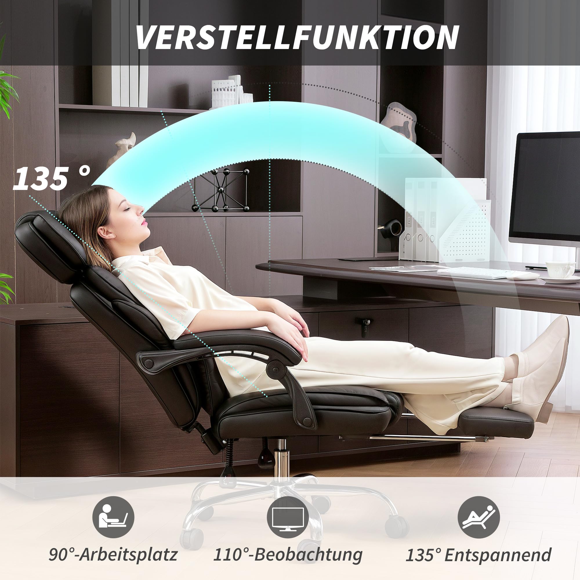 HOMCOM Bürostuhl mit Lendenwirbelstütze, Armlehne, Fußstütze, Schwarz