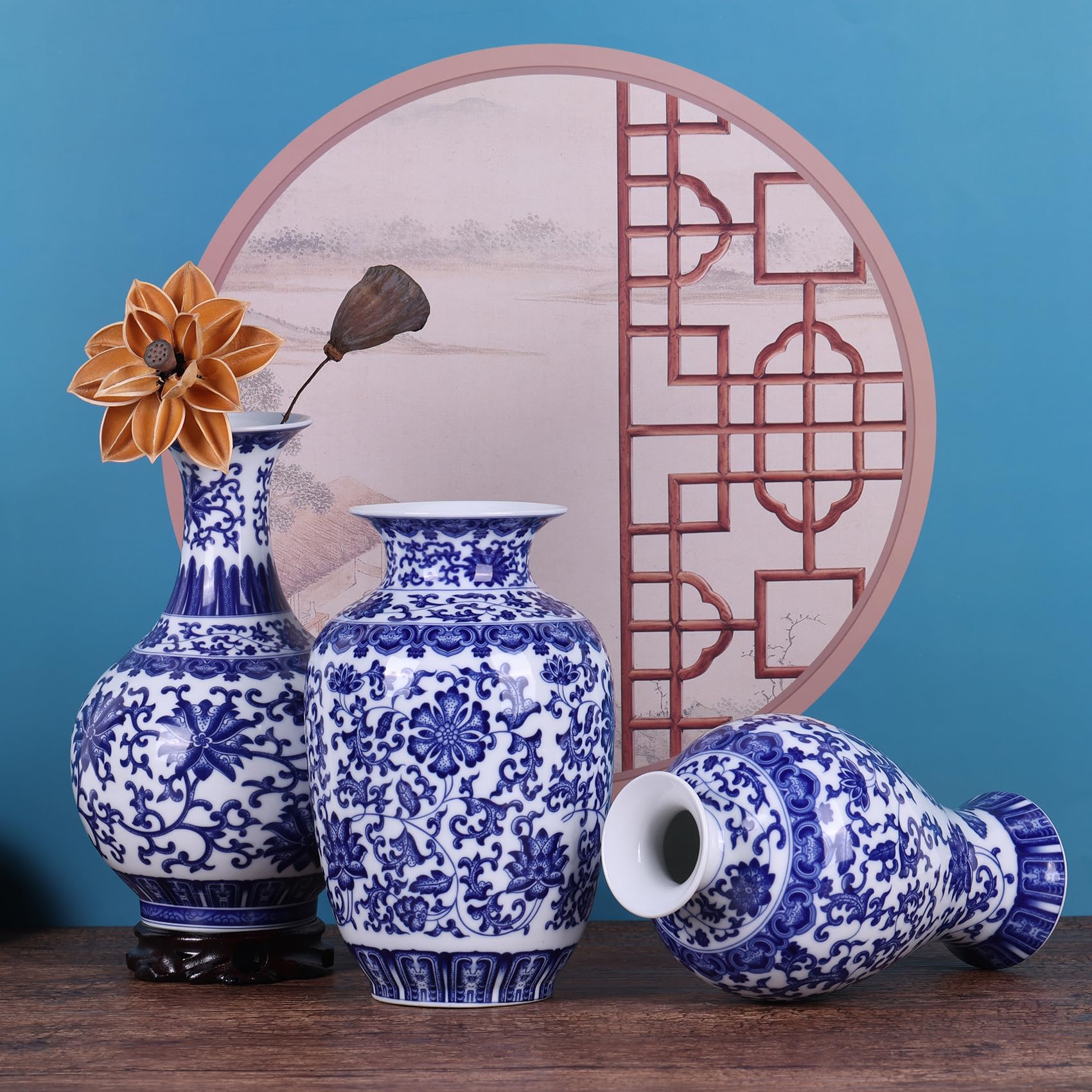 Jarrones tradicionales de porcelana azul y blanca de cuerpo delgado, cerámica chinoiserie pintado a mano con diseño floral, ligeros para decoración del hogar