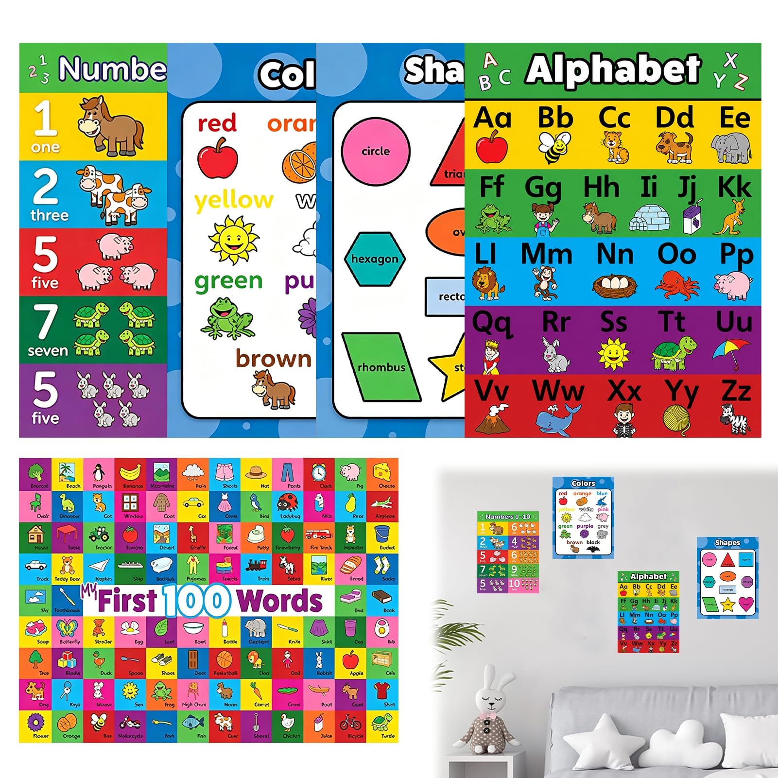 Muanwk 5PCS Educational Posters for Children Learning, Alphabet Poster